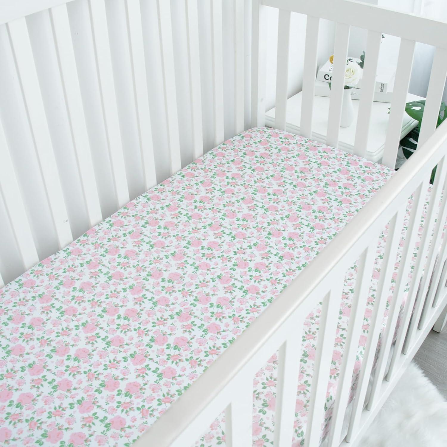 The Peanutshell Fitted Crib Sheet Set for Baby Girls, Daisy, 4 Pack | Pink, Mauve