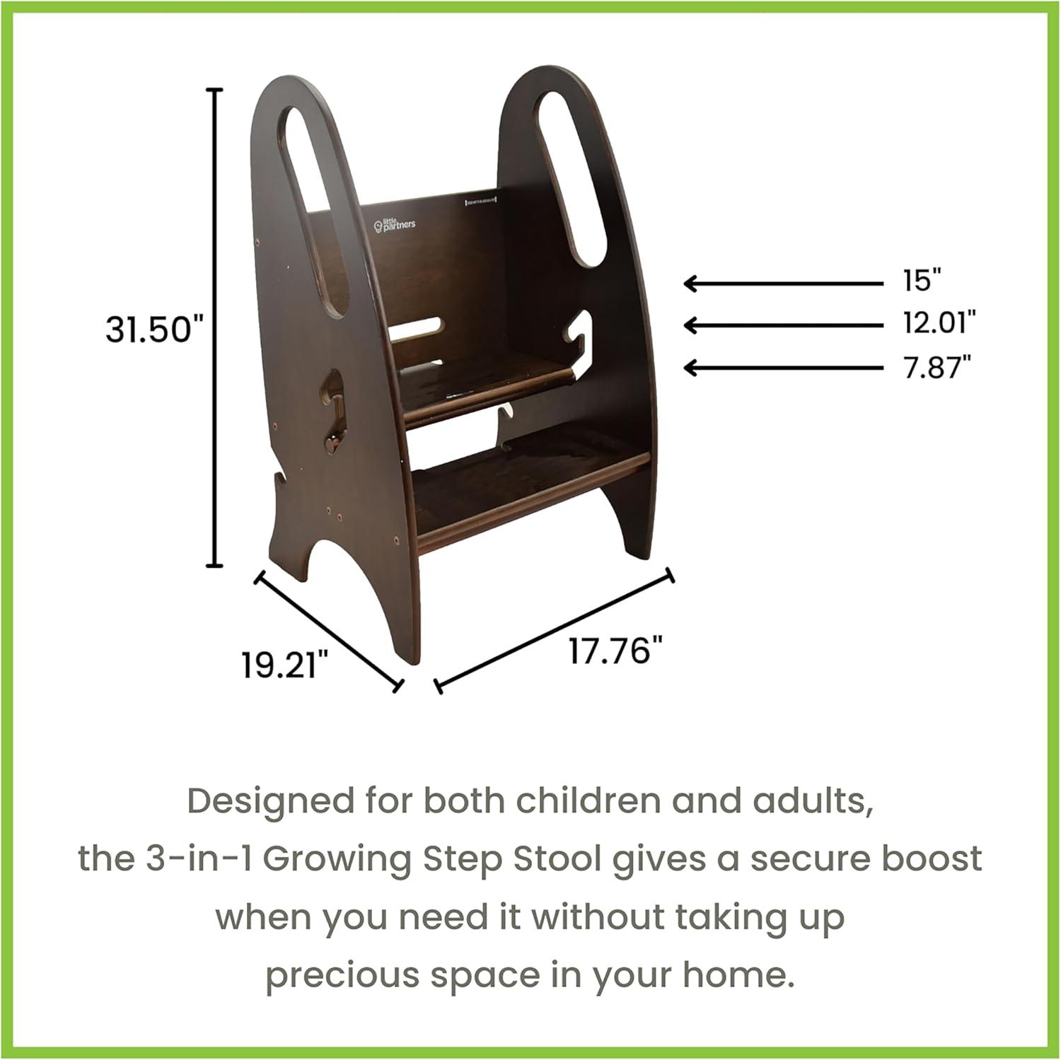 Little Partners 3-in-1 Growing Step Stool Toddler Tower Helper Step Stool, Wooden Toddler Standing Stool for Bathroom or Kitchen, Anti-Slip Feet, Built-in Safety Hand Rails Up to 200 lbs. - Espresso