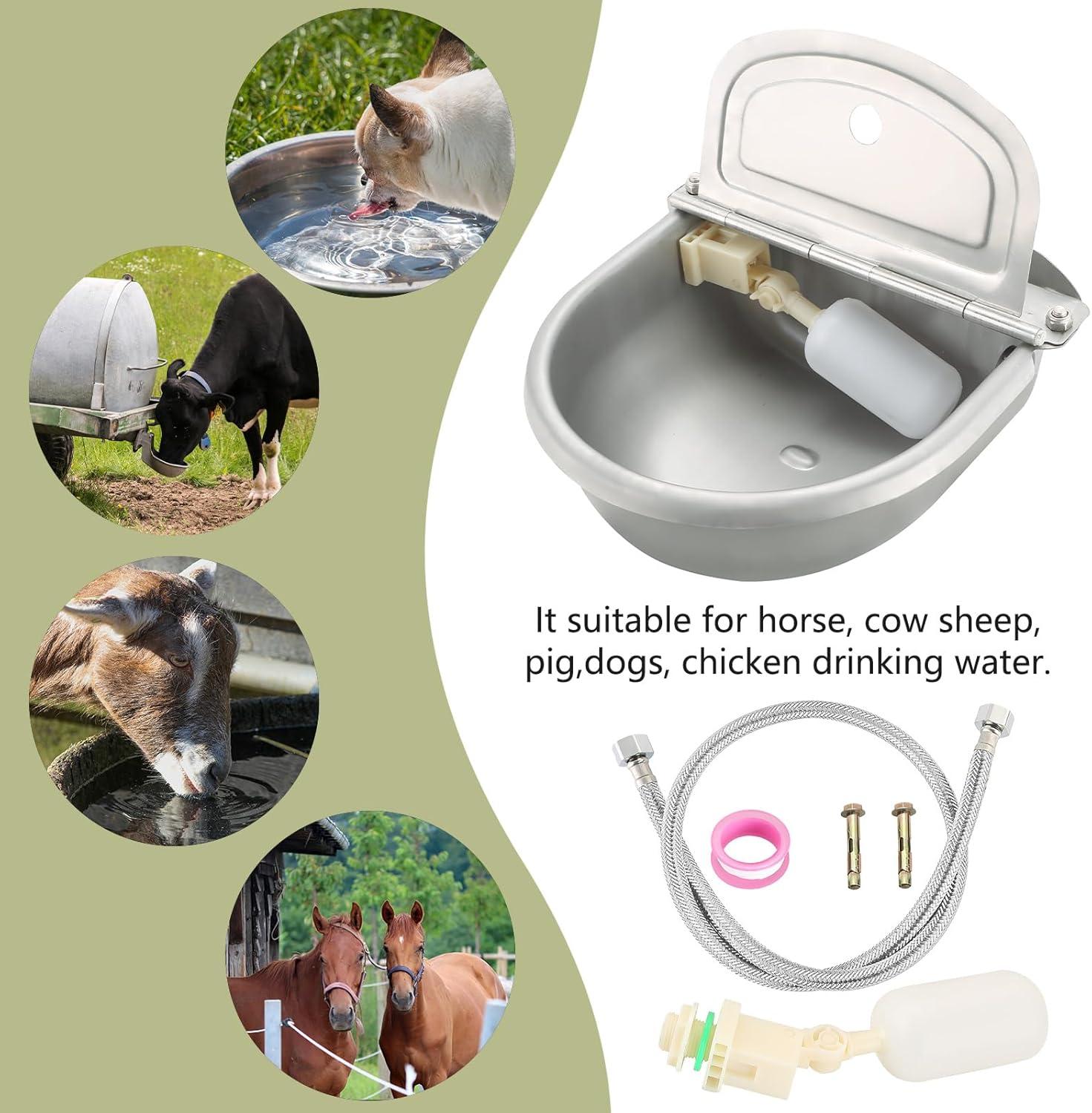 Automatic Dog Drinking Water Bowl, 304 Stainless Steel Outdoor Waterer for Dog Horse Pig Cow, Large Animal Dispenser with 2 Float Valves, Pipe Hose, Quick Connector and Expansion Bolt