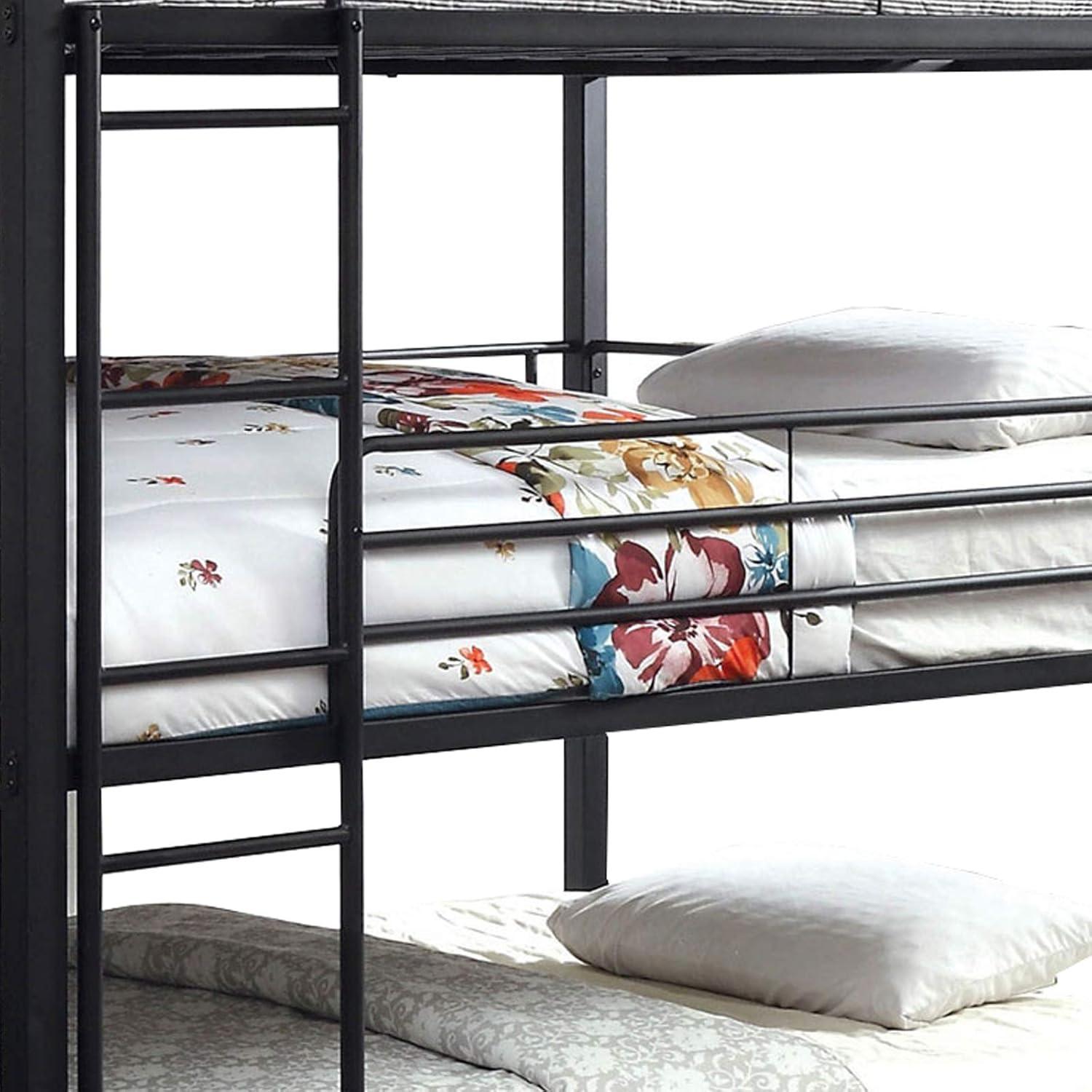 Benjara Industrial Style Queen Triple Decker Bunk Bed with Ladder, Black