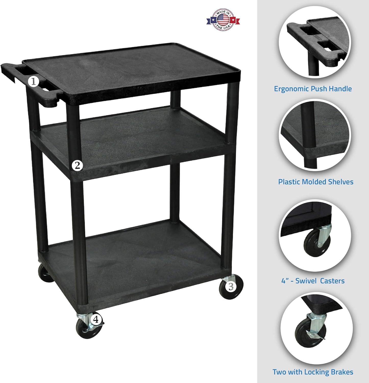 Luxor Modern Black Polyethylene 3-Shelf Presentation Cart with Wheels