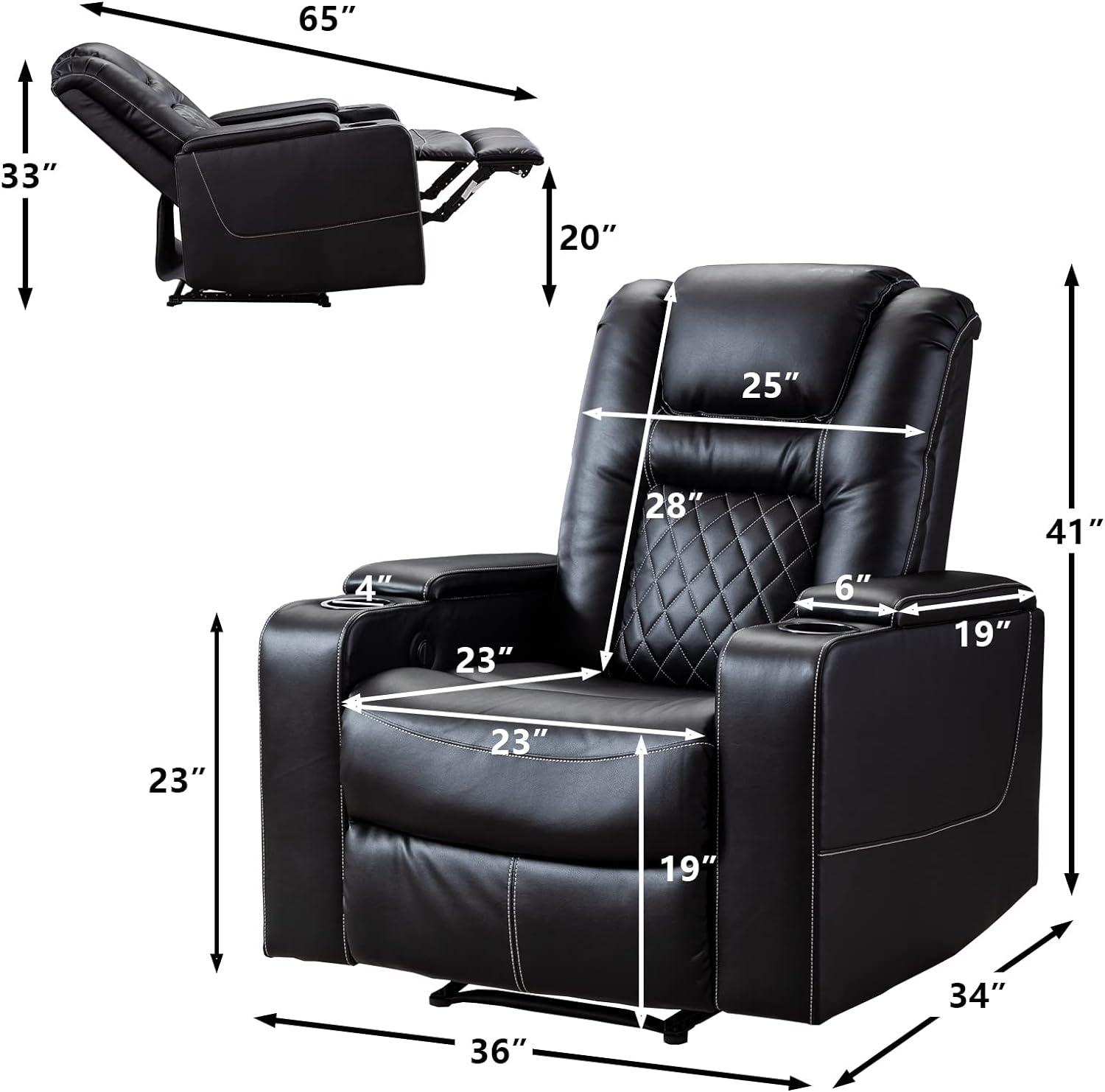 Black Faux Leather Recliner with USB Ports and Cup Holders