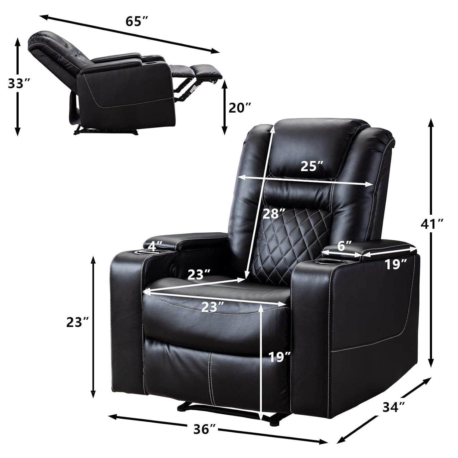Bonzy Home Power Electric Recliner Chair with USB Ports and Cup Holders Leather Home Theater Seating, Living Room Chair Black