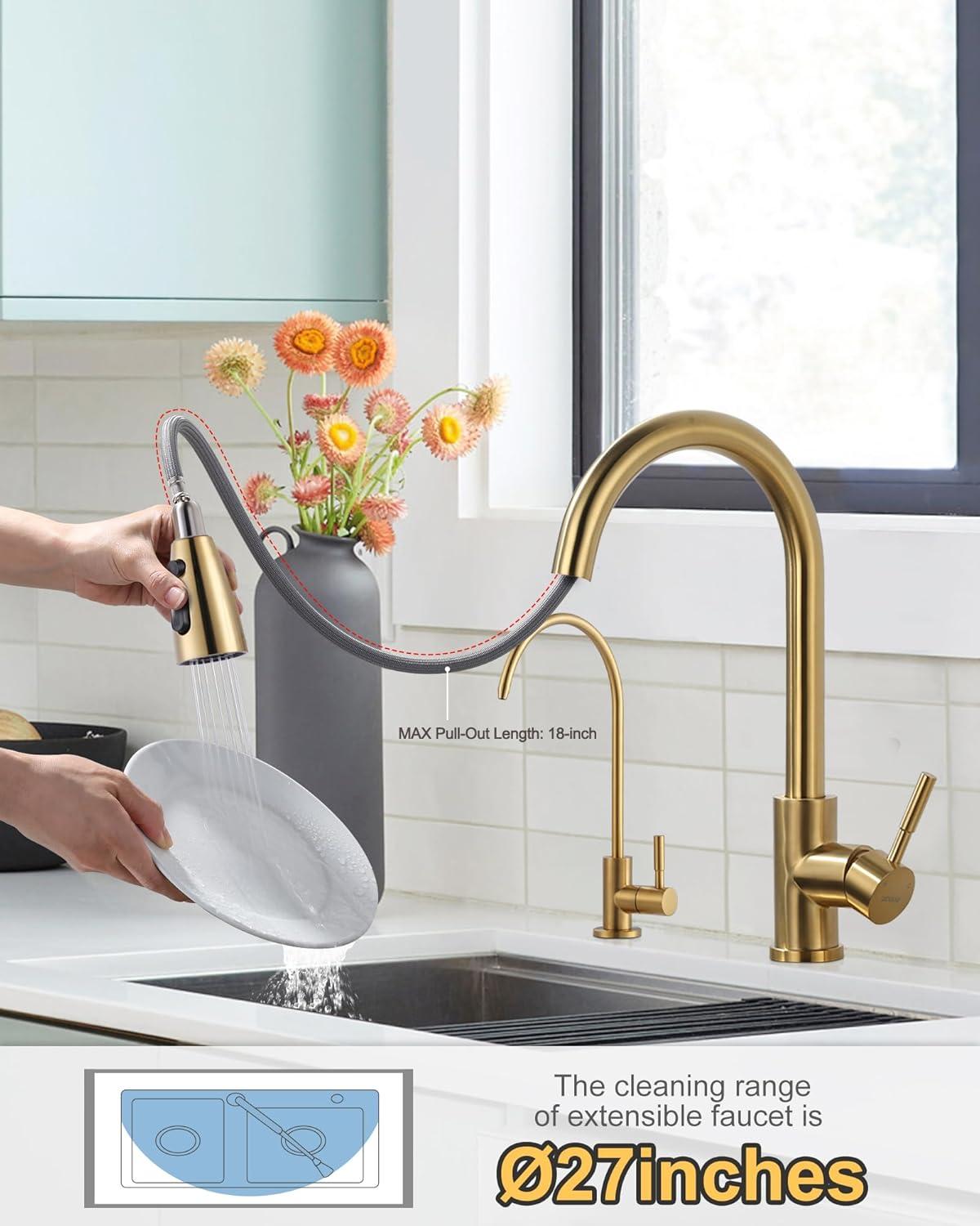 FashionSecretsLLC Kitchen Faucet and Water Filter Faucet Combo, WOWOW Stainless Steel Kitchen Sink Faucet with Drinking Water Faucet for Reverse Osmosis or Water Filtration System, Brushed Gold Sinkfaucet-BG-025