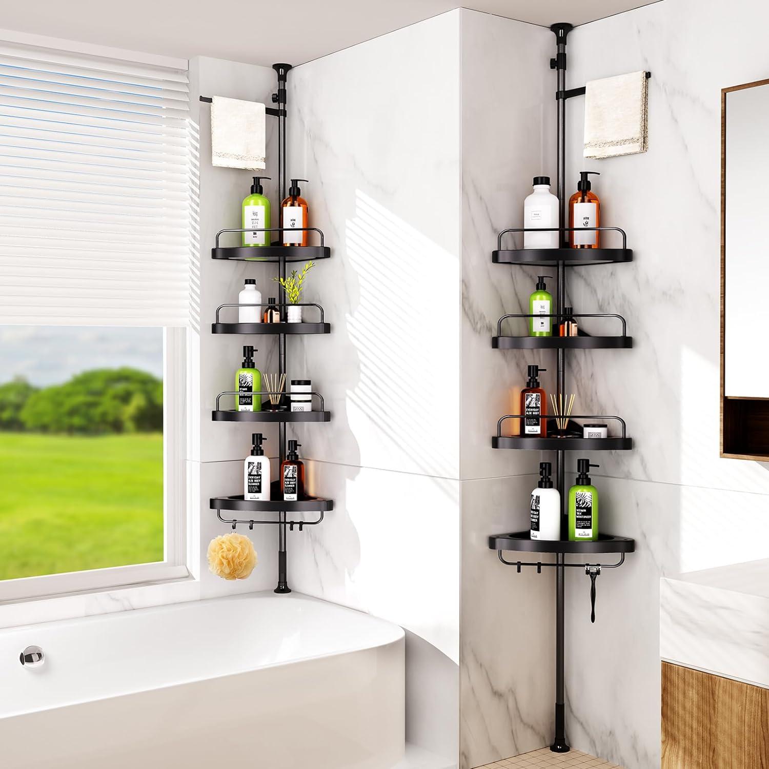 Adjustable Black Stainless Steel Tension Mount Shower Caddy