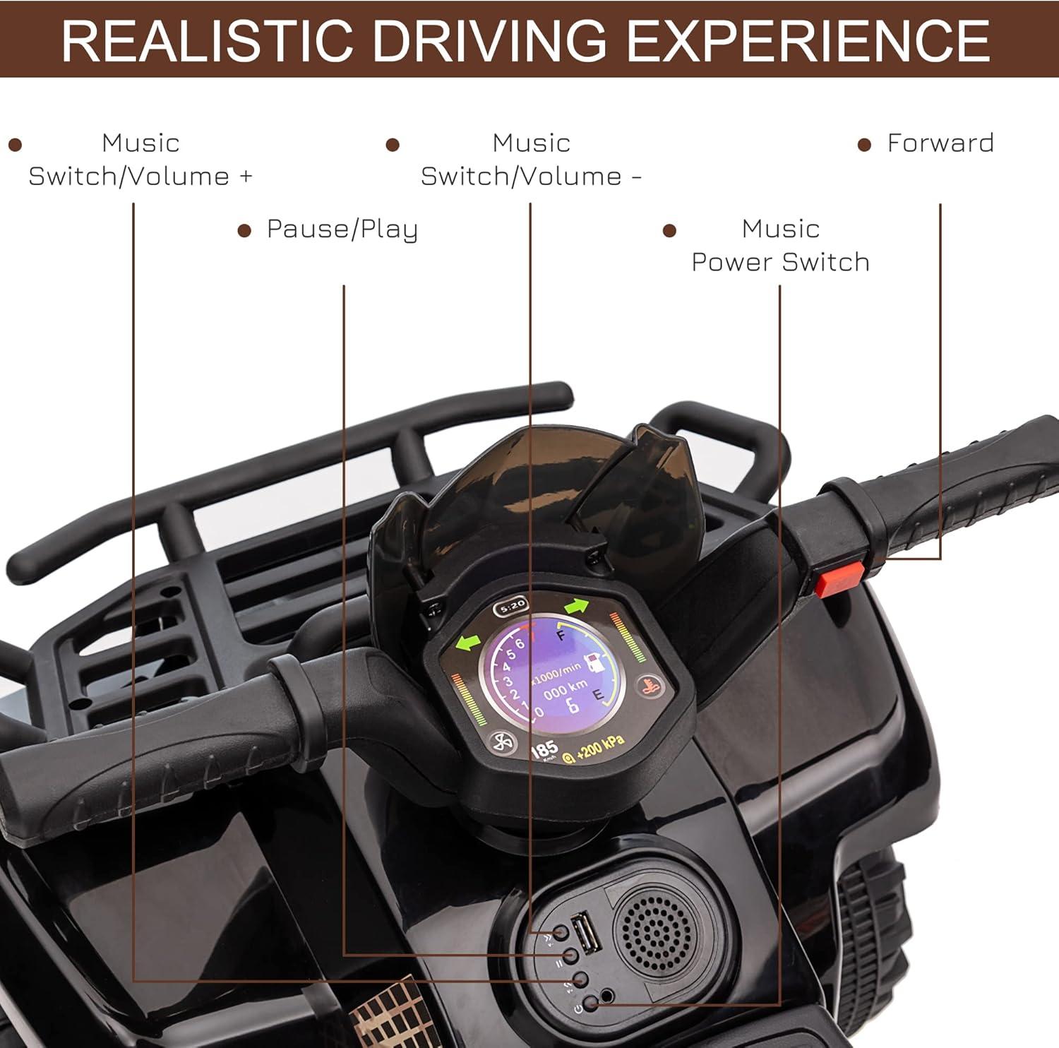 Aosom Kids Ride-on ATV Four Wheeler Car with Music, 6V Battery Powered Motorcycle for 18-36 Months, Black