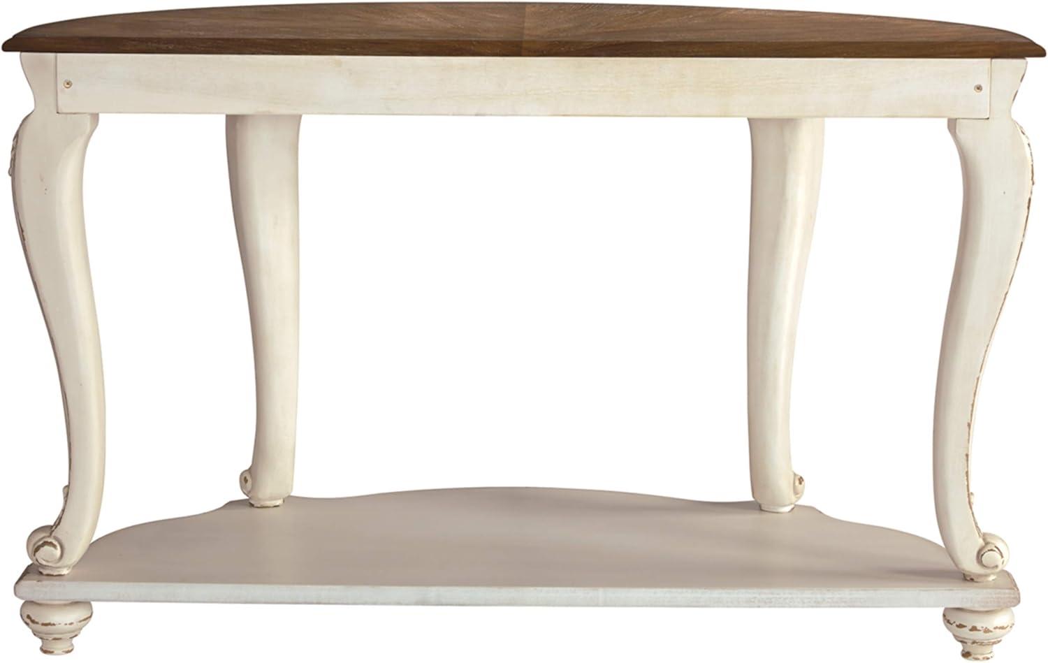 Realyn Demilune Sofa Table with Storage in Distressed White/Brown