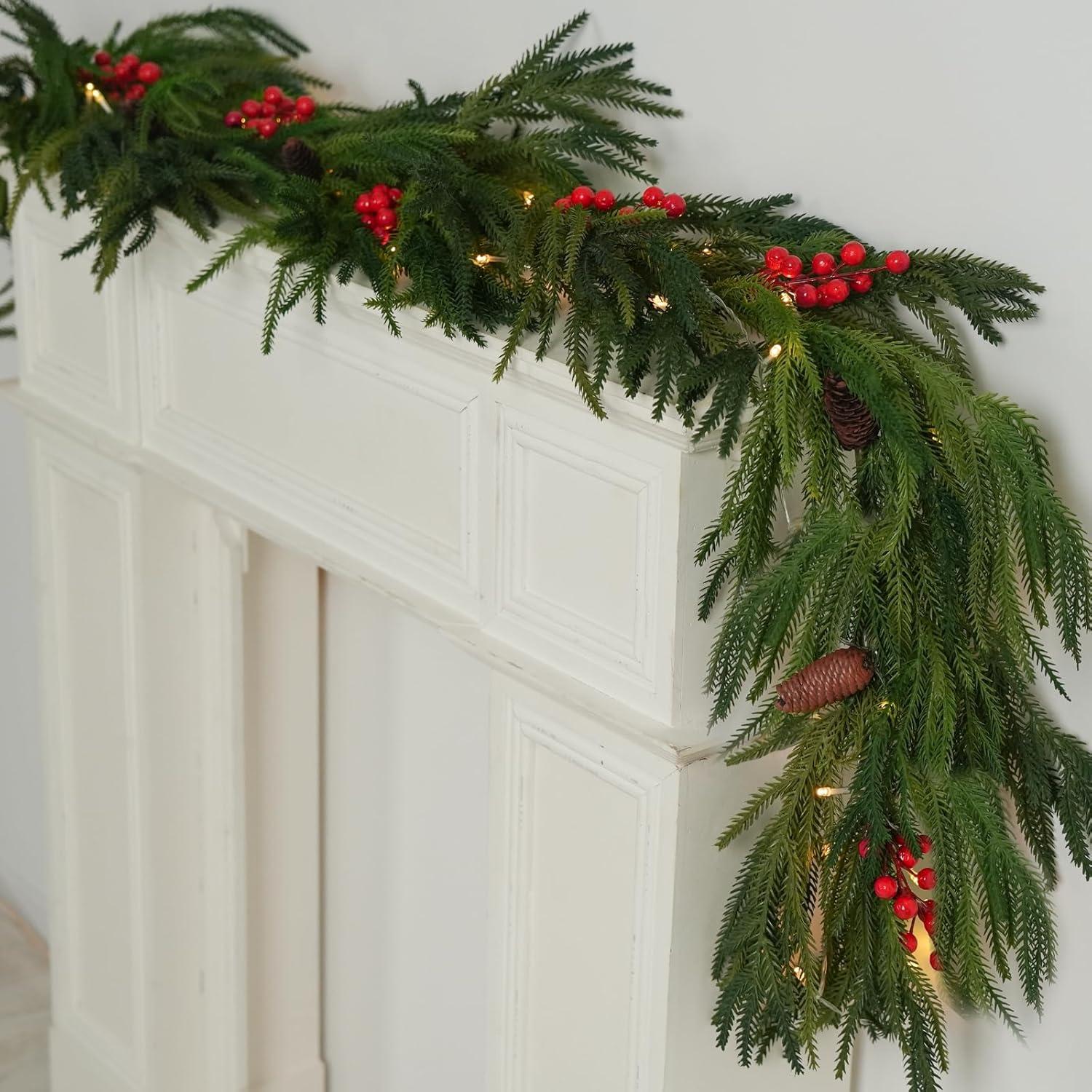 6FT Artificial Norfolk Pine Garlands, Real Touch Greenery Garland, Soft Bendable Garland Christmas Decorations, Greenery Garland for Table,Mantle, Wall, Indoor, Outdoor Thanksgiving Decorations