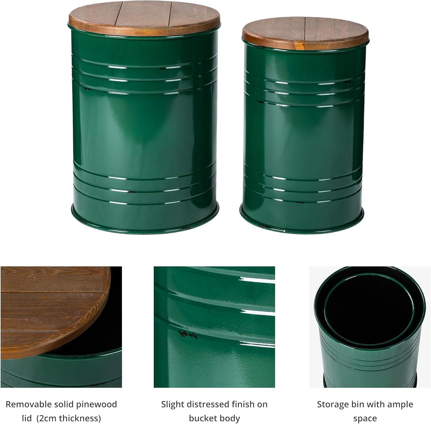 Glitzhome Rustic End Table Set of 2, Farmhouse Galvanized Metal Barrel Ottoman Storage Stool with Round Wood Lid for Living Room Furniture, Hunter Green