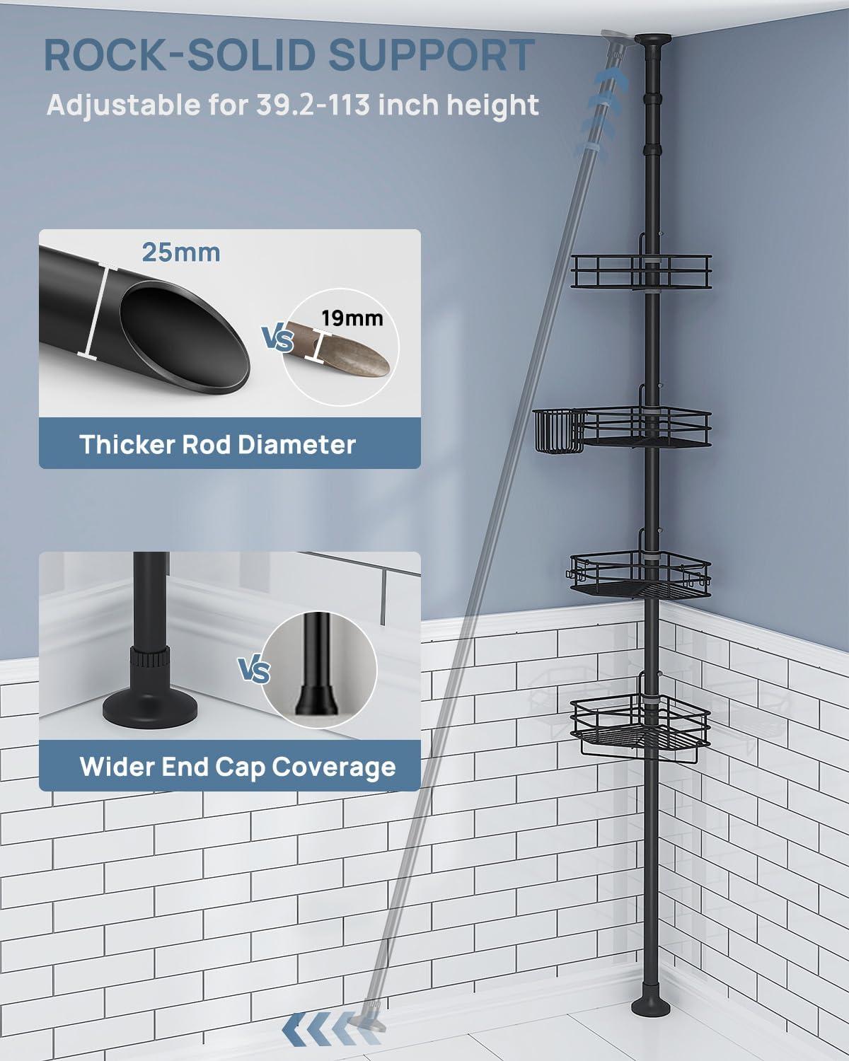 Corner Shower Caddy Tension Pole, Adjustable Shower Organizer Corner with 4 Shelves, 39.2 to 113 In