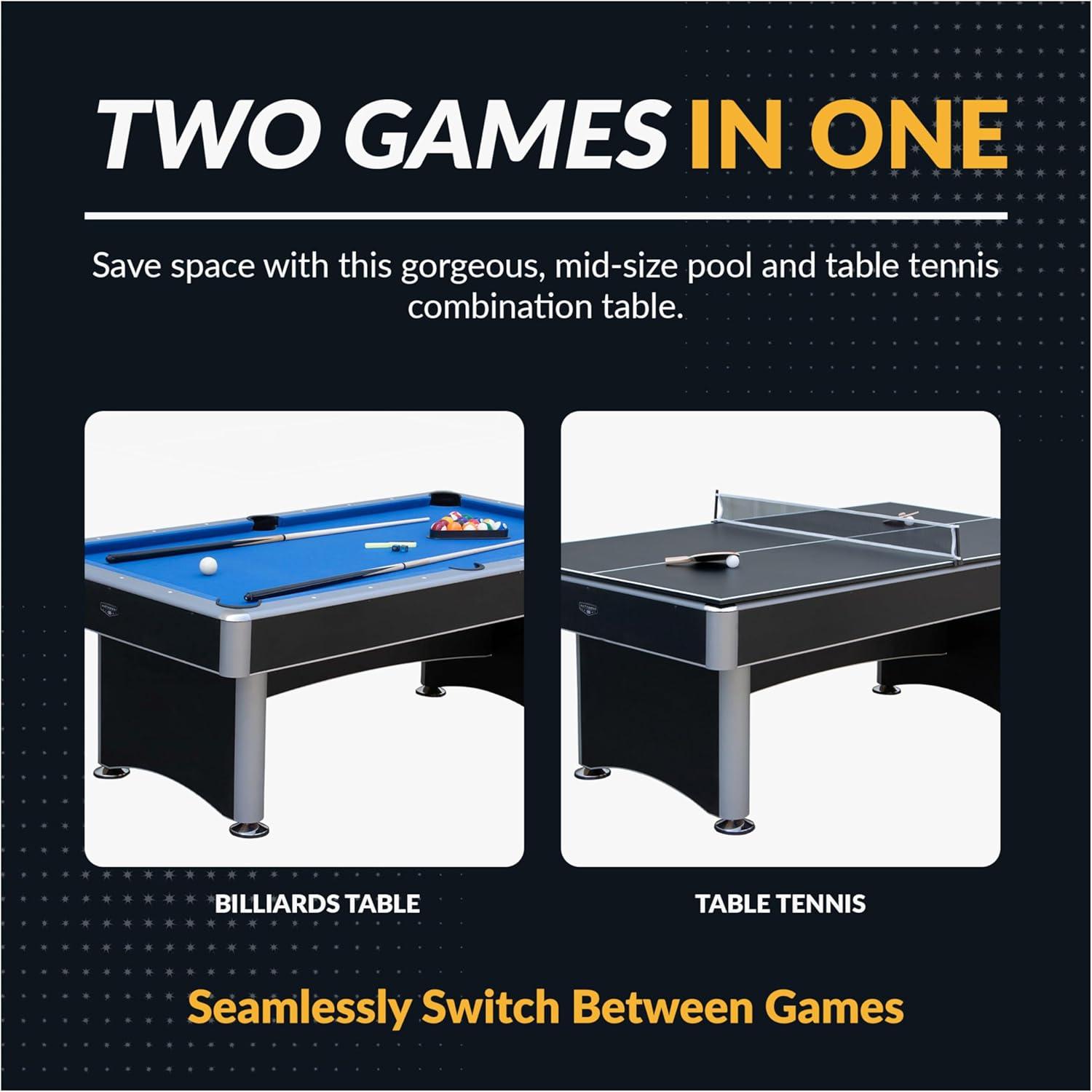 Hathaway Games Hathaway Maverick Deluxe 7 Ft Pool Table, with Ping Pong Multi Game Combo Tables for Family Recreation Game Rooms – Includes Billiard Balls, Cues, Paddles, Brush & More
