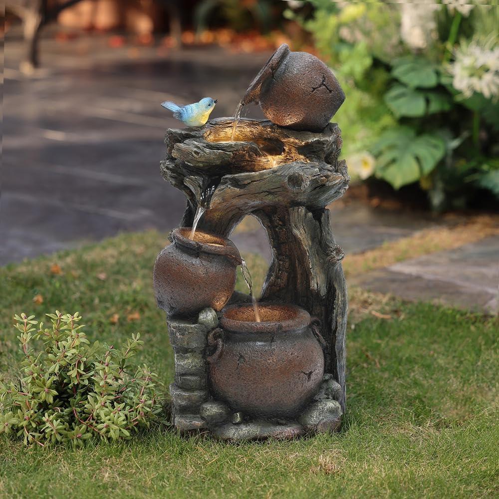 LuxenHome Rustic Pots and Pitchers on Tree Resin Outdoor Fountain with Lights Brown