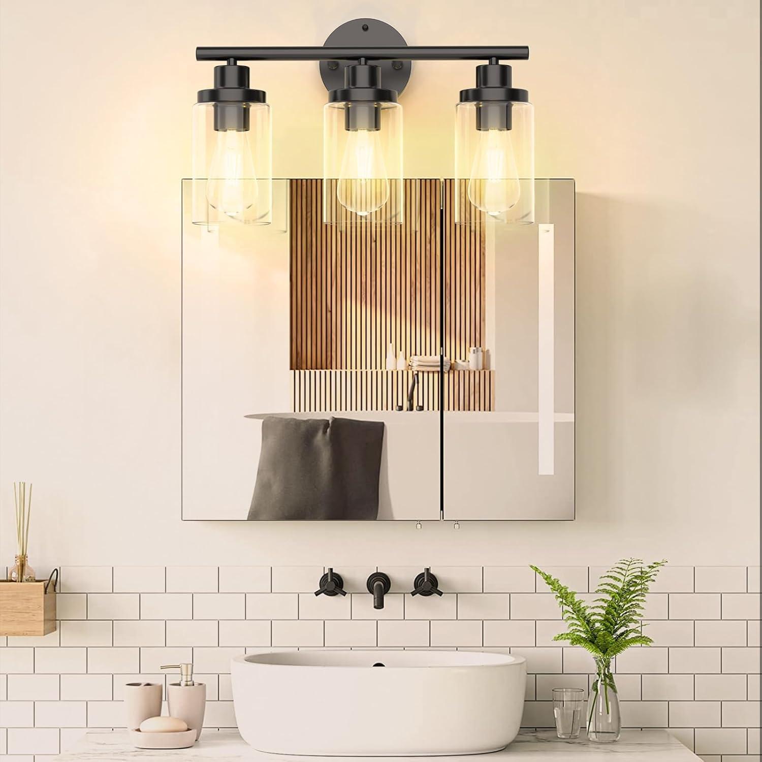 Modern Black 3-Light Vanity Fixture with Clear Glass Shades