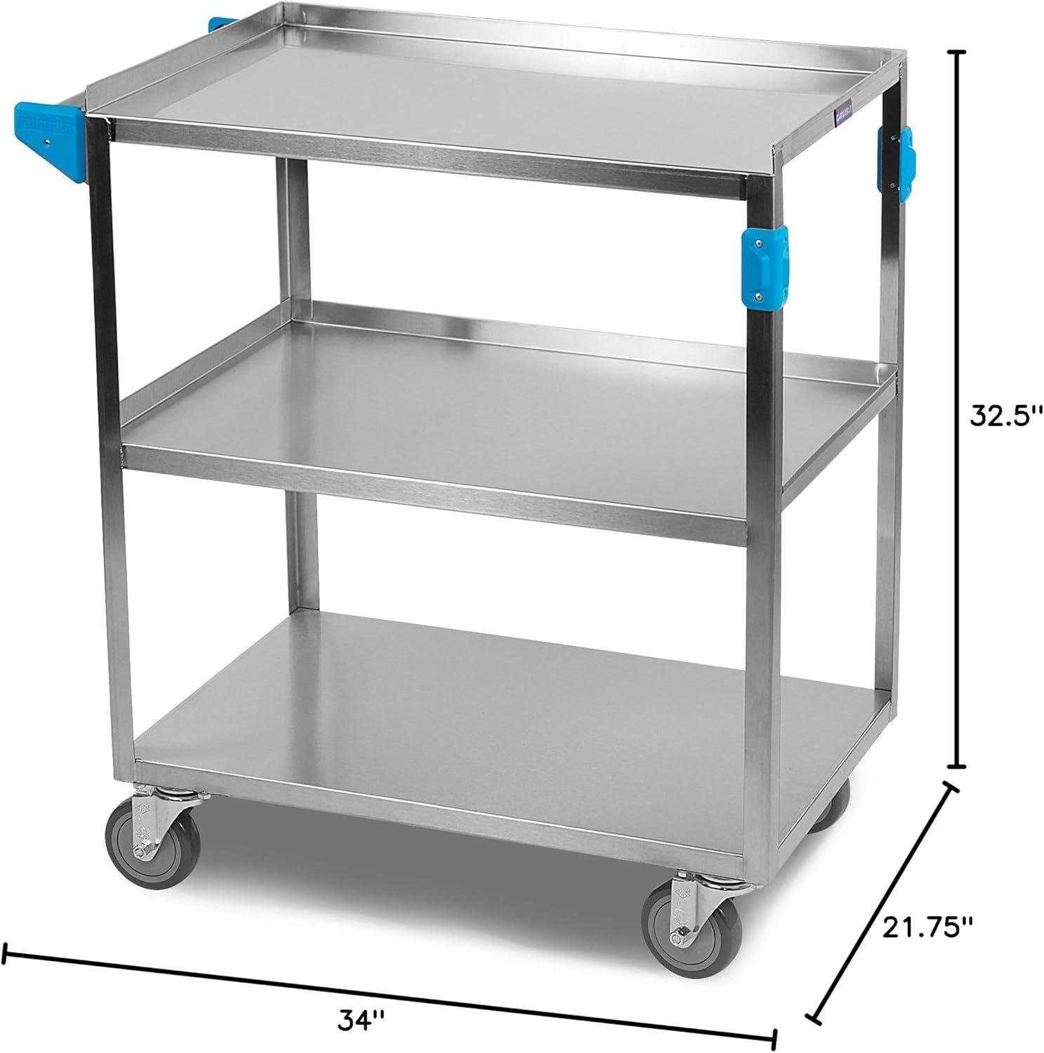 Stainless Steel 3-Shelf Utility Cart with Raised Edges, 300 lb Capacity