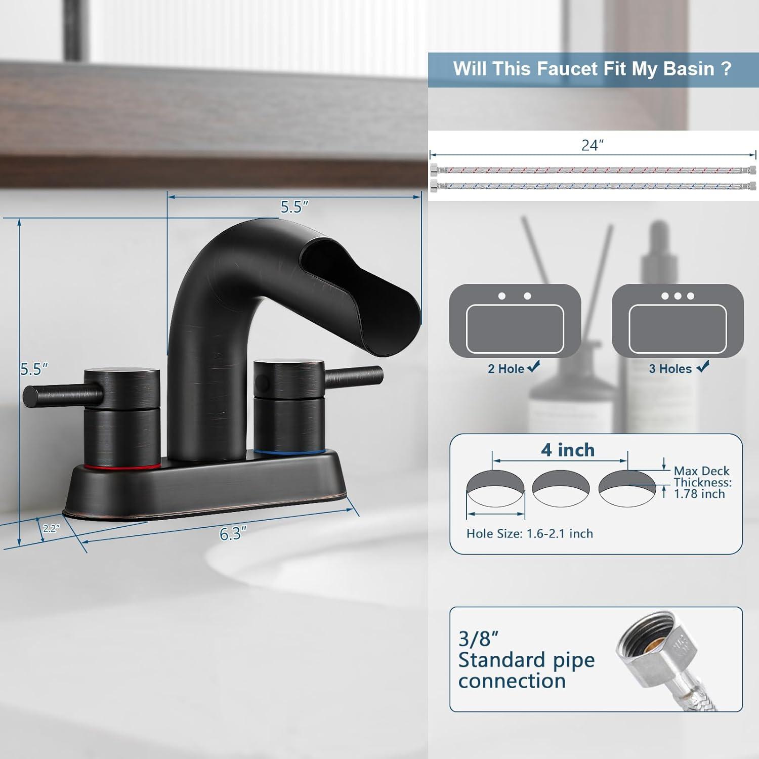 Qomolangma Waterfall Bathroom Faucets 2 or 3 Holes 2 Handles - Black Bathroom Sink Faucets Widespread with Pop Up Drain, Lavatory Mixer Tap with Deck Mount Plate for Bathroom Sink RV Vessel Basin