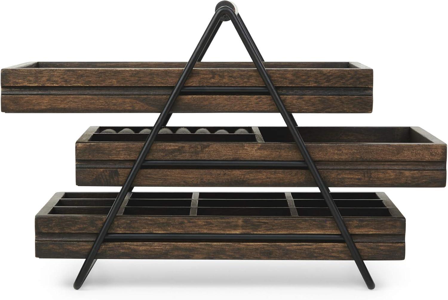 Walnut and Black 3-Tier Jewelry Organizer with Linen Lining