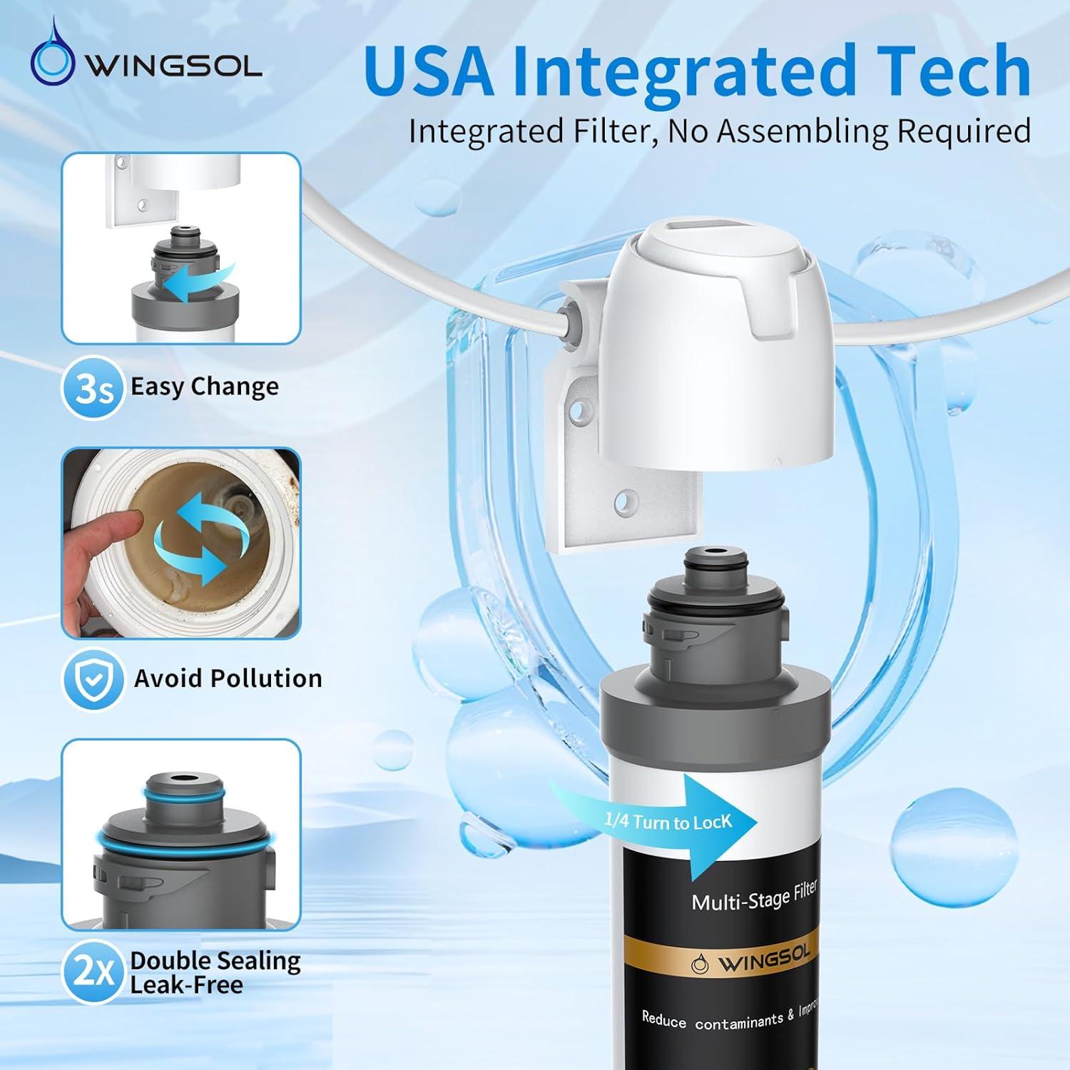 WINGSOL Under Sink Water Filter System with Faucet, Anti-Clogged Design, Reduces PFAS, Lead, Chlorine, Bad Taste, Sediment, NSF/ANSI 42&53, 8K Gallons, Easy Installation, Chrome Faucet