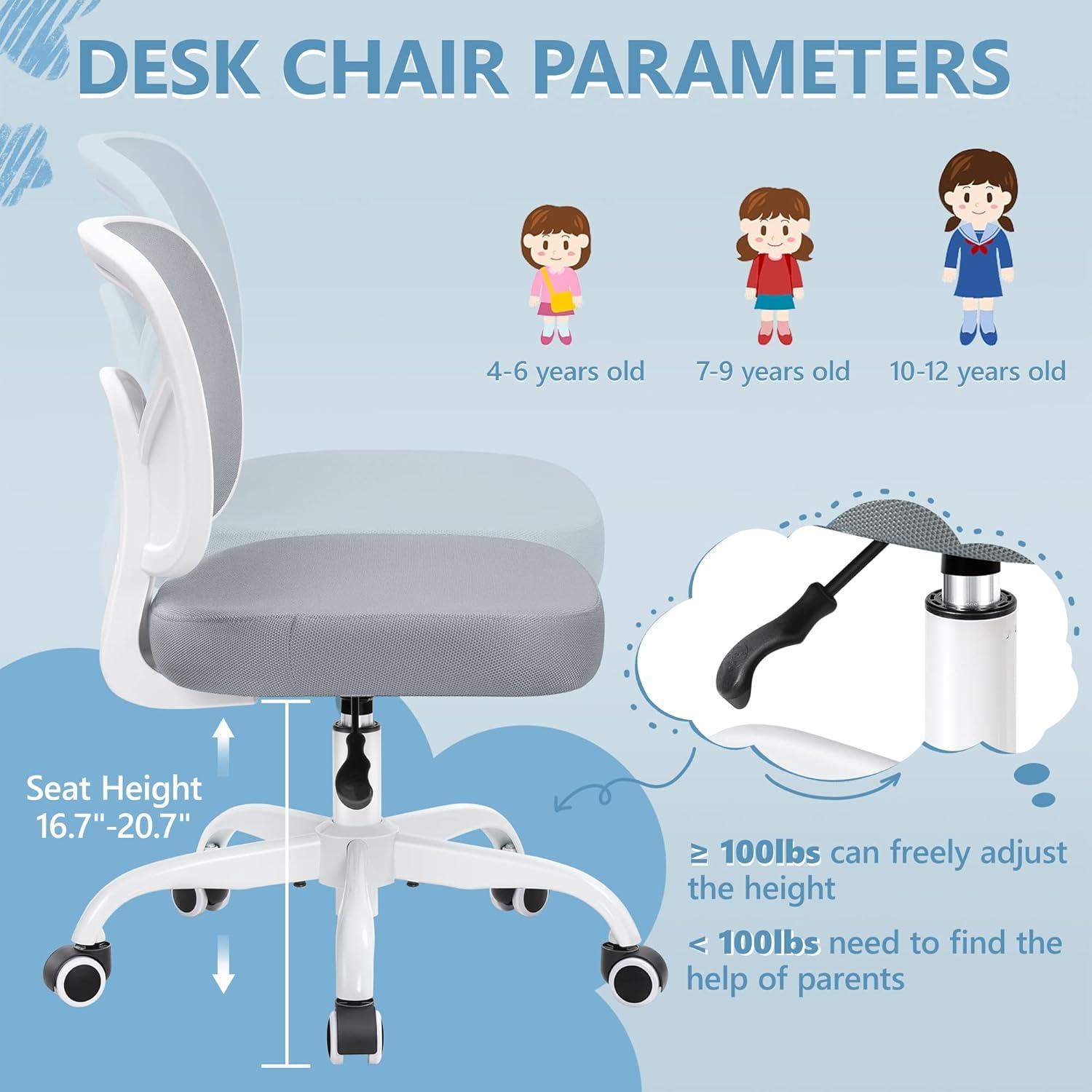 Kids Desk Chair, Pink Study Chair for Boys and Girls with Height Adjustable, Swivel Mesh Task Student Chairs for Ages 4-12, Growing Teen Office Chair for Home, School, or Office (Gray)