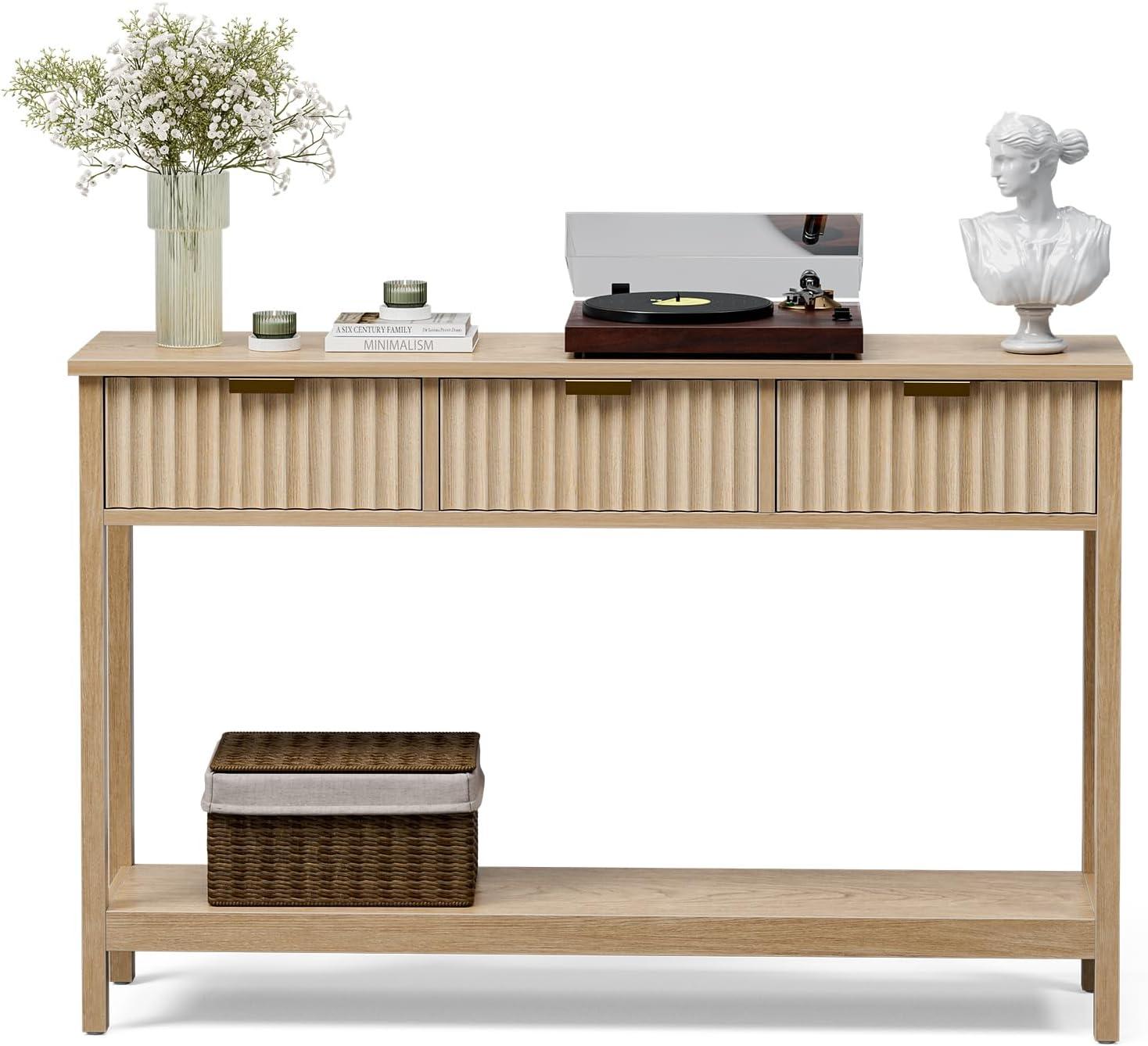 Latitude Run® Console Table With Storage, Boho Entryway Table With 3 Fluted Drawers And Shelf, Sofa Table For Living Room, Entryway, Hallway, Natural