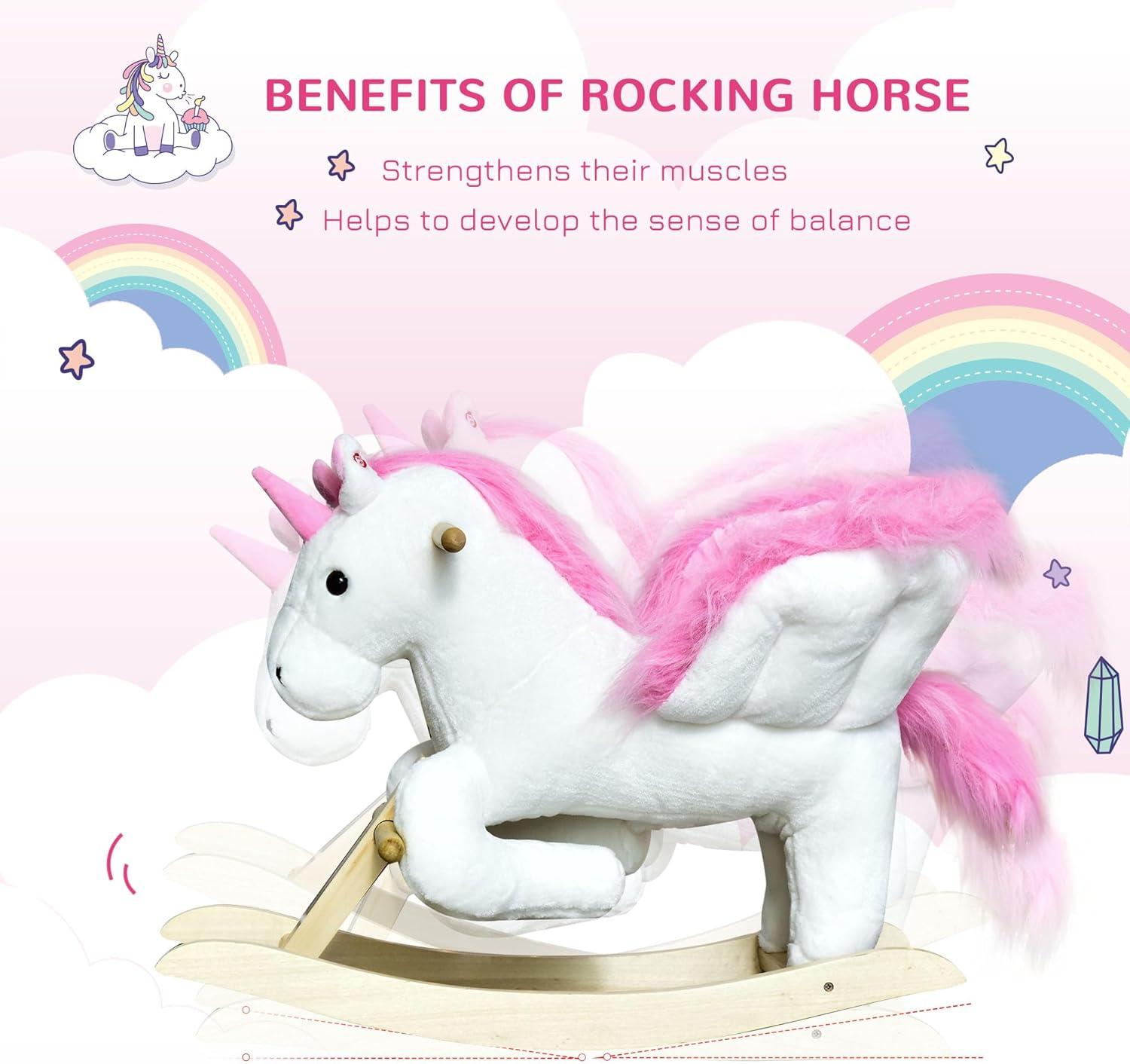 Qaba Kids Rocking Horse, Wooden Plush Ride-On Unicorn Chair Toy with Lullby Song for 18-36 months children