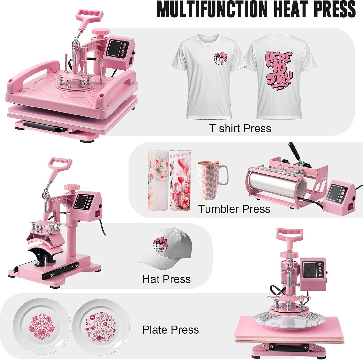 Pink 15x15 Inch 5-in-1 Heat Press Machine with Tumbler Attachments