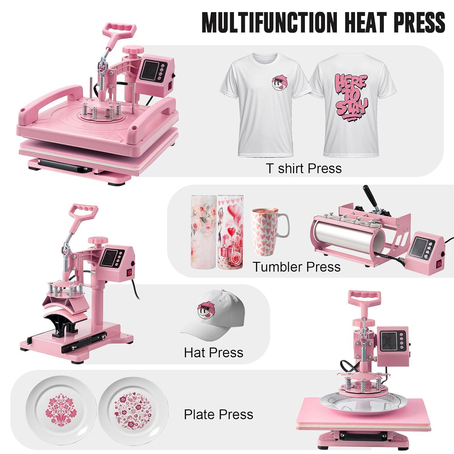 VEVOR Heat Press Machine 15x15 inch, Heat Press Machine for T-Shirts, 5 in 1 Heat Press with 30 OZ Tumbler Press, Combo Tumbler Heat Press Machine Sublimation for Hat Cap Mug Plate, Pink