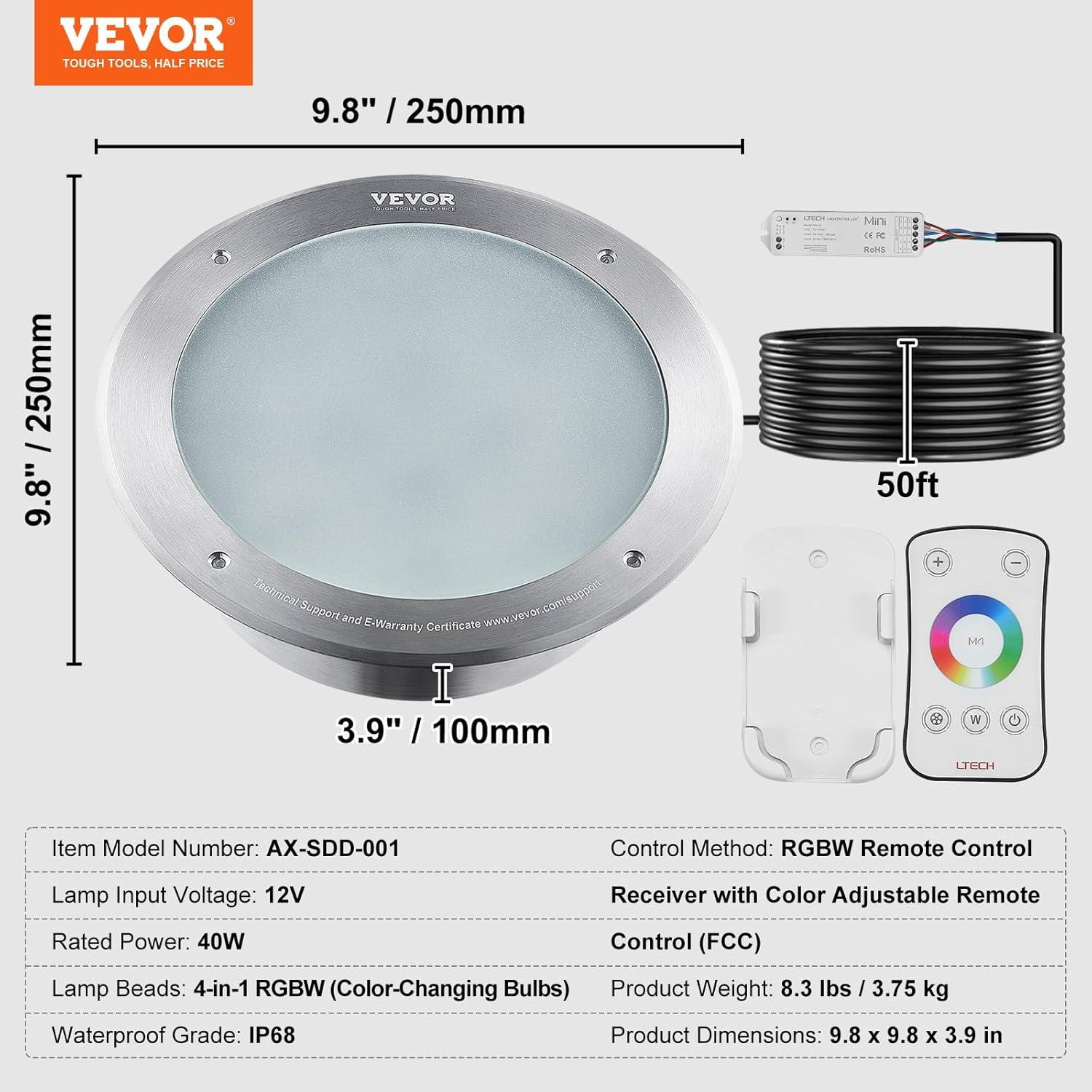 120V AC LED Pool Light, 10 Inch 40W, RGBW Color Changing Inground Swimming Pool Spa Light Underwater, with 50 FT Cord Remote Control, Fit for 10in Large Wet Niches, IP68 & Tested to UL Standards