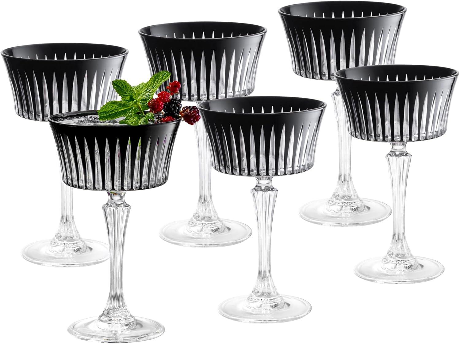 Black Crystal Champagne Coupe Glasses, Set of 6