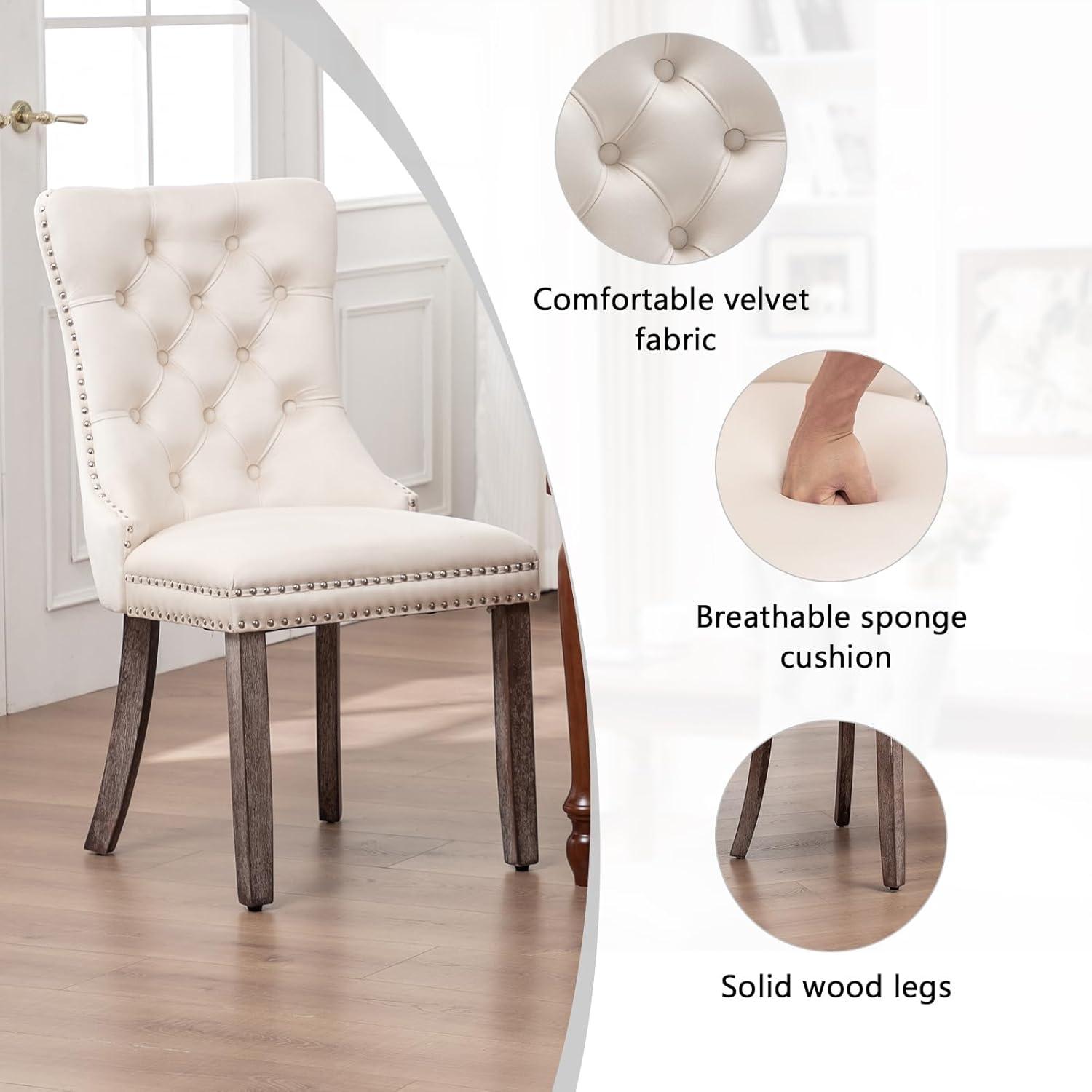 SoarFlash Velvet Dining Chairs Set of 4, Tall Back Side Chair, Modern Upholstered High-end Tufted Side Chair with Button Back Ring, Solid Wood Legs (Beige)