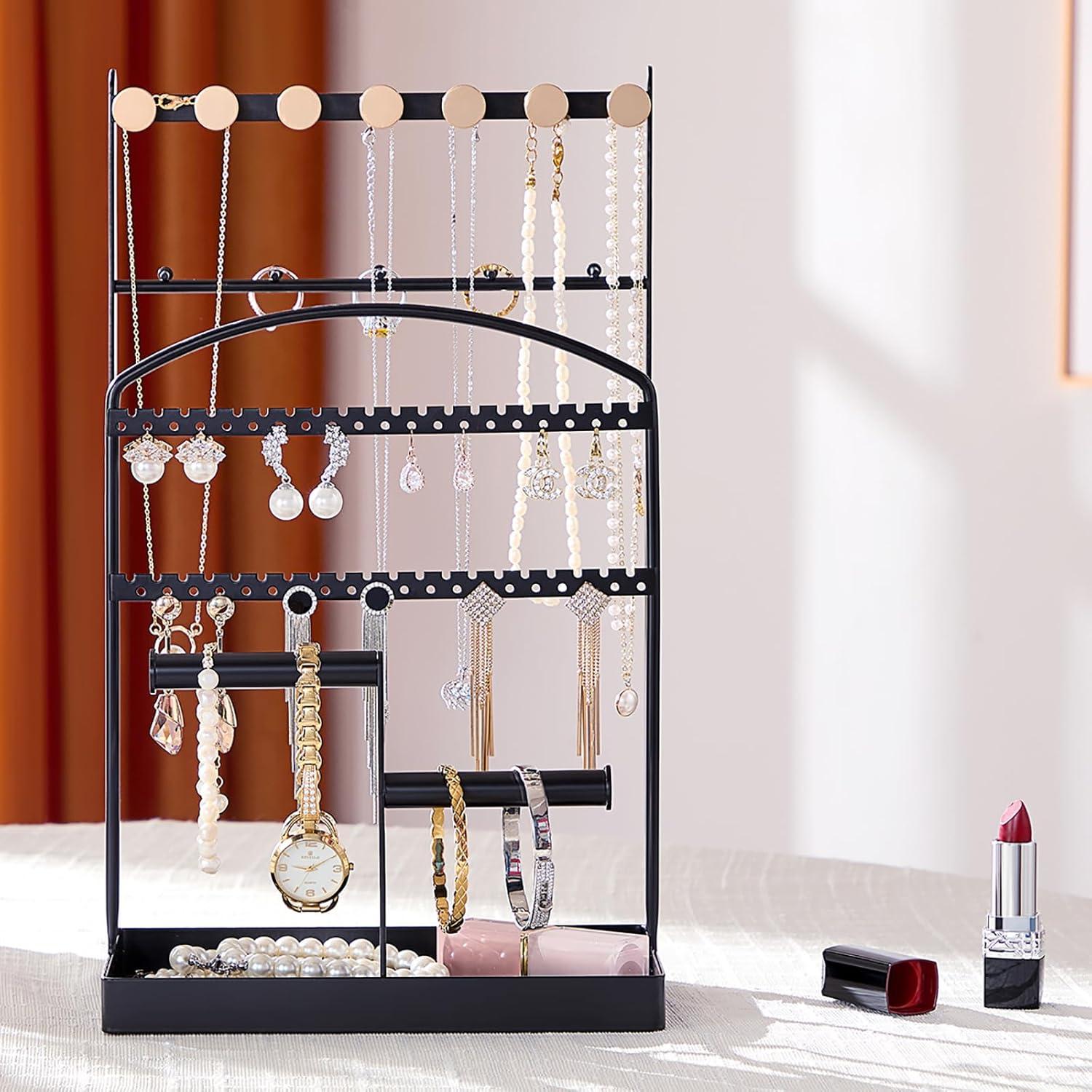 Jewelry Holder, Accessory Organizer, Jewelry Display Stand with Metal Frame and Velvet Tray