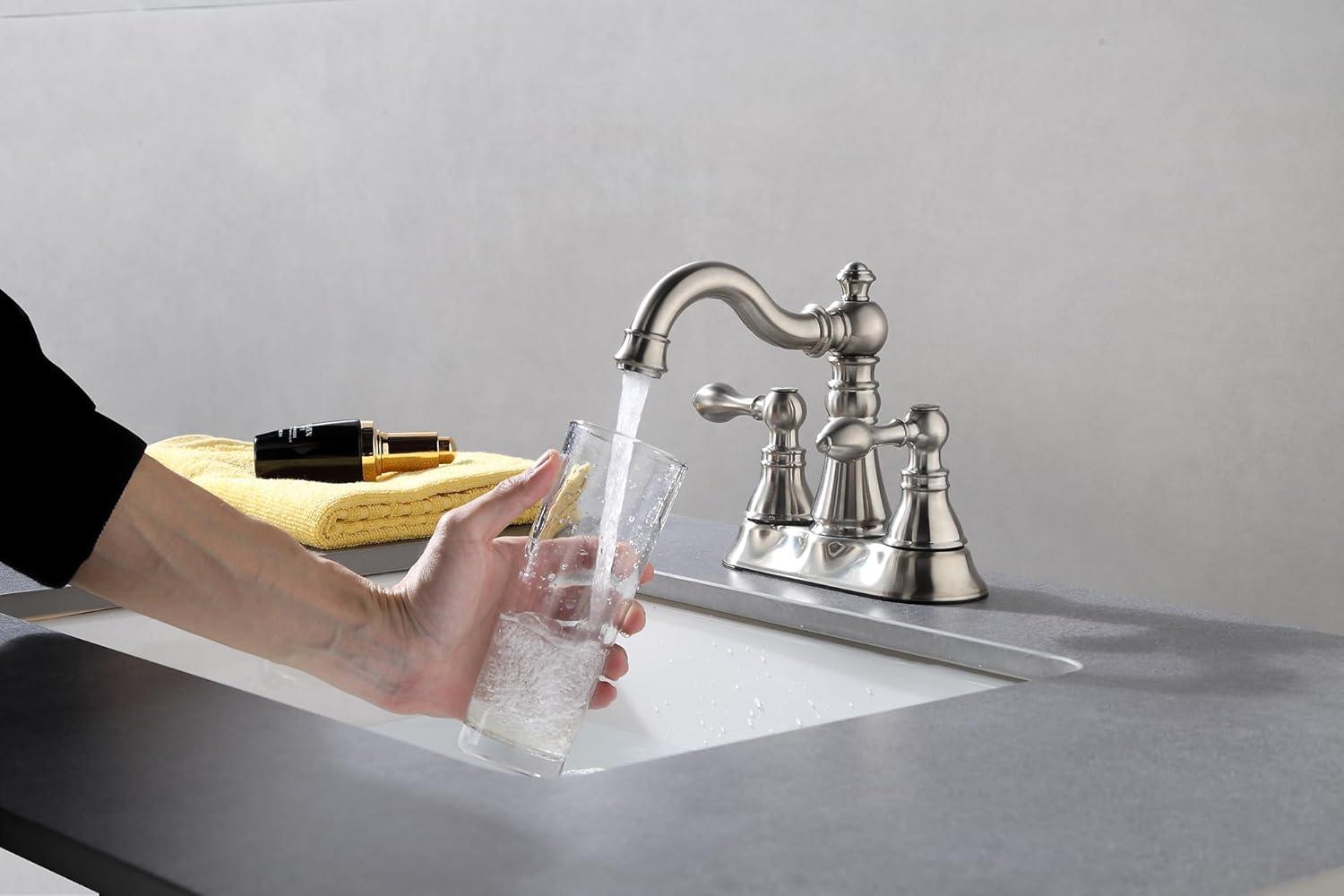 Two Handles Brushed Nickel Bathroom Faucet 3 Hole Sink Faucet with Overflow Pop up Drain, 360° Swivel Spout 4 Inch Centerset Lavatory Faucet Without Water Supply Lines,F-4501-BN