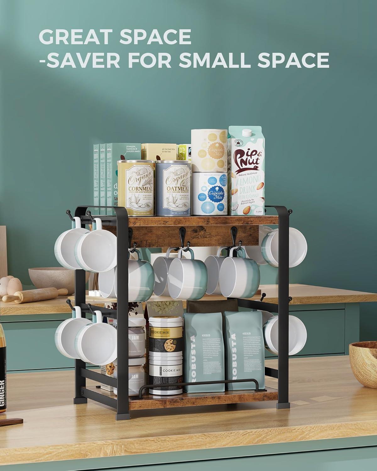 17 Stories Coffee Bar Organizer With 14 Mug Hooks, Wood Coffee Mug Holder Stand For Countertop, 2 Tier Coffee Station Organizer For Coffee Cups, Mugs, Syrups, Accessories