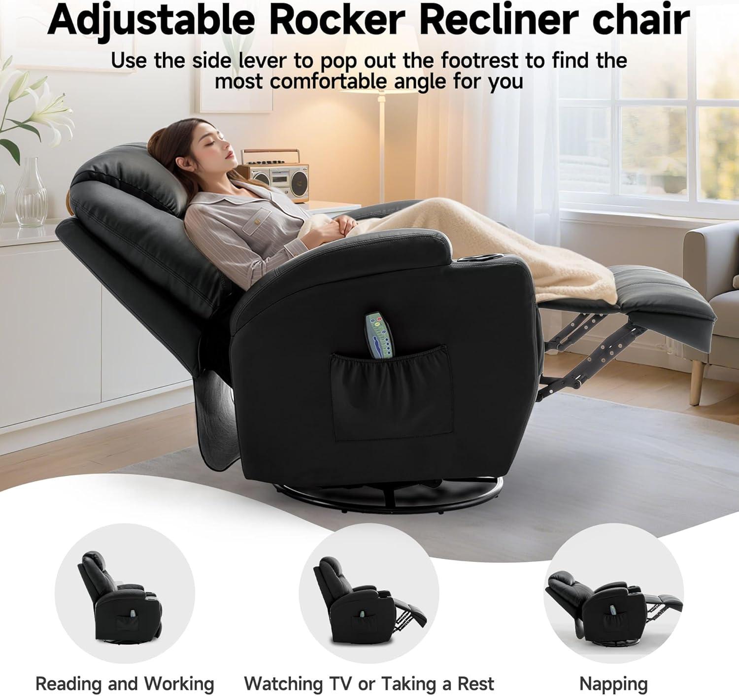 Latitude Run® Recliner Chair, Rocking Chair with Massage and Heat, 360° Swivel Recliner Chairs for Adults, Rocker Manual Recliner with Remote Control and Cup Holder for Living Room