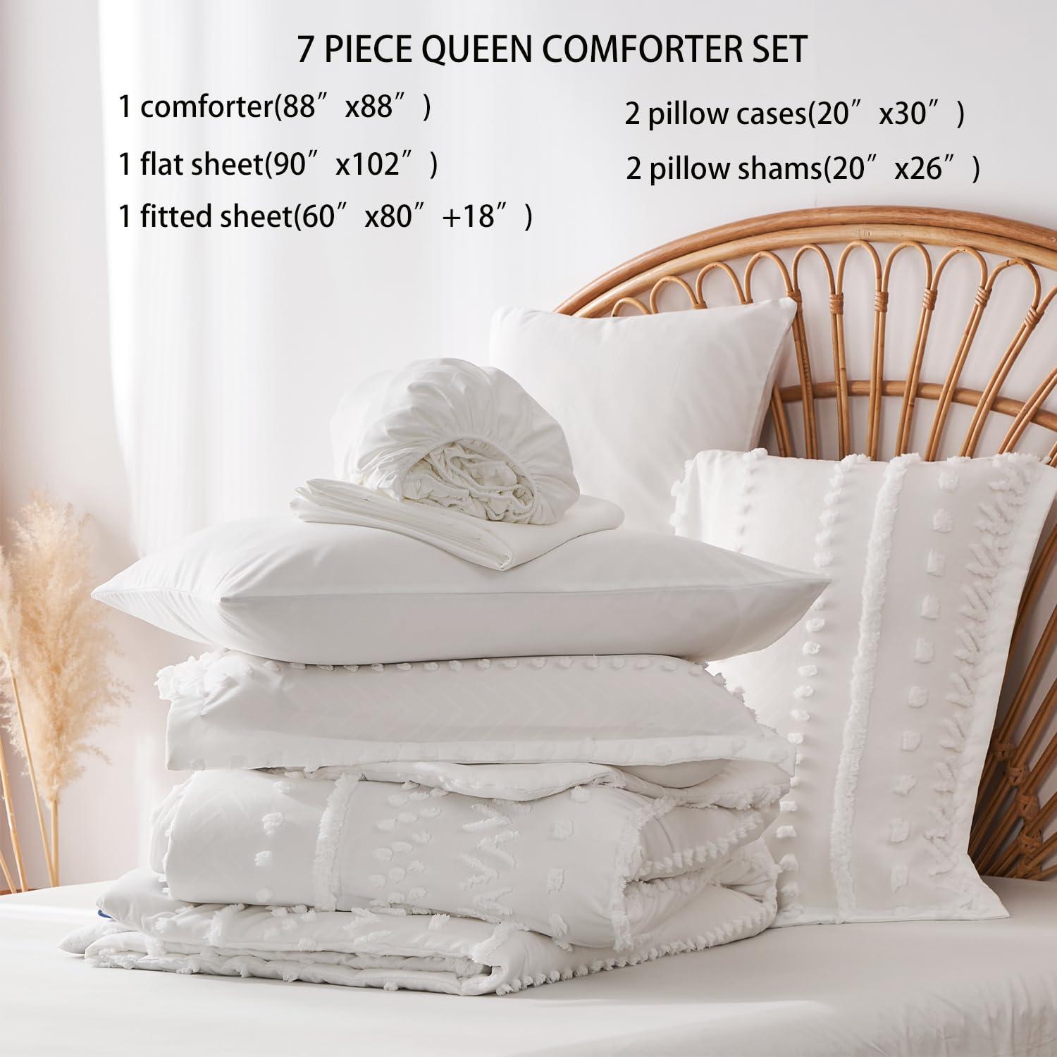 7 Pieces Queen Comforter Set, White Tufted Boho Shabby Chic Bed in a Bag Comforter and Sheet Set, All Season Soft Microfiber Complete Bedding Set (White, Queen)