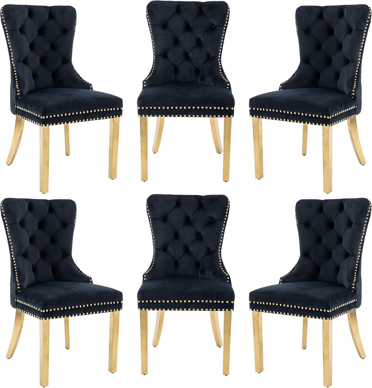 ODUSE-DAILY Black Velvet Dining Chairs Set of 6, Kitchen & Dining Room Chairs, Nailheads Tufted, Sillas De Comedor, Fabric Upholstered, Golden Metal Legs (Black, 6 Pcs)