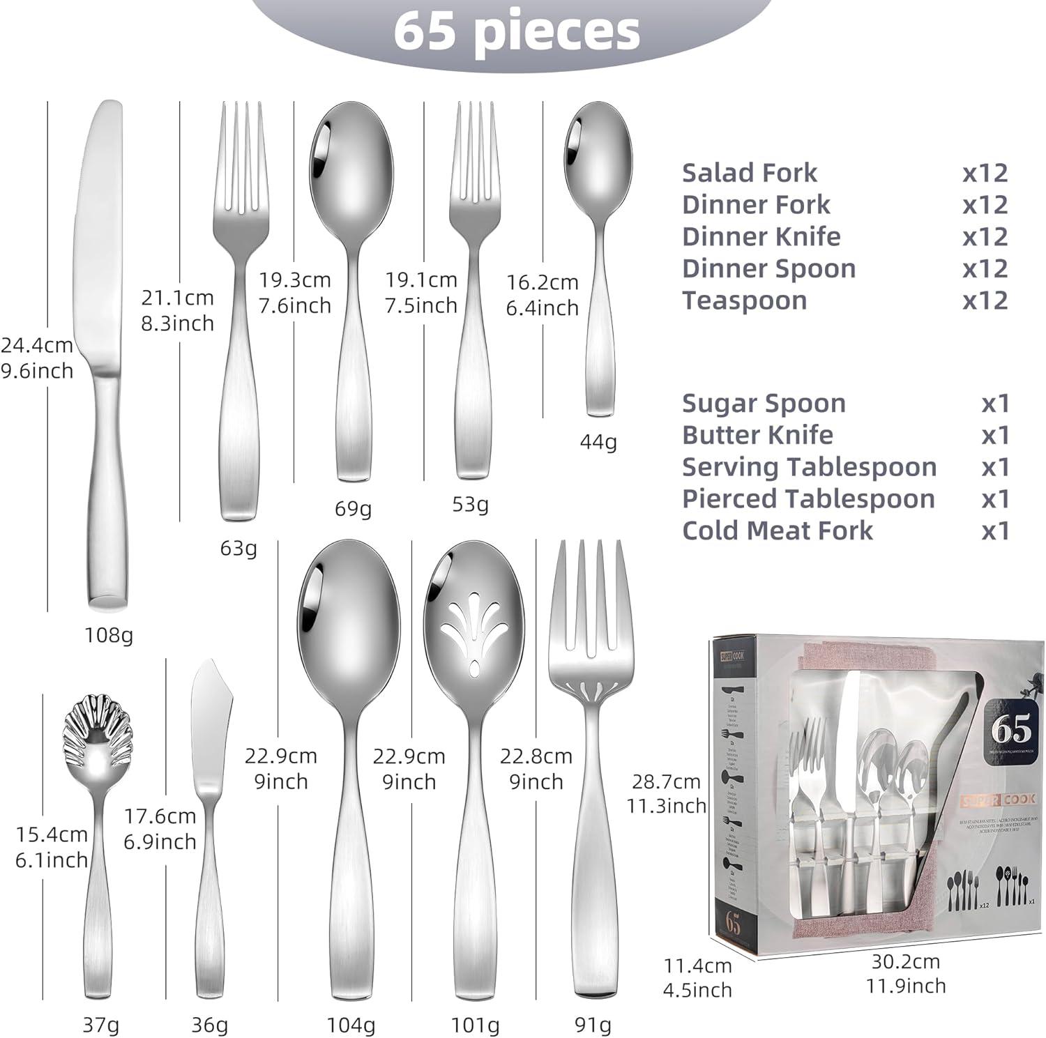 Hokku Designs Flatware Service for 12, 65 Piece Set, 18/10 Stainless Steel Silverware Set