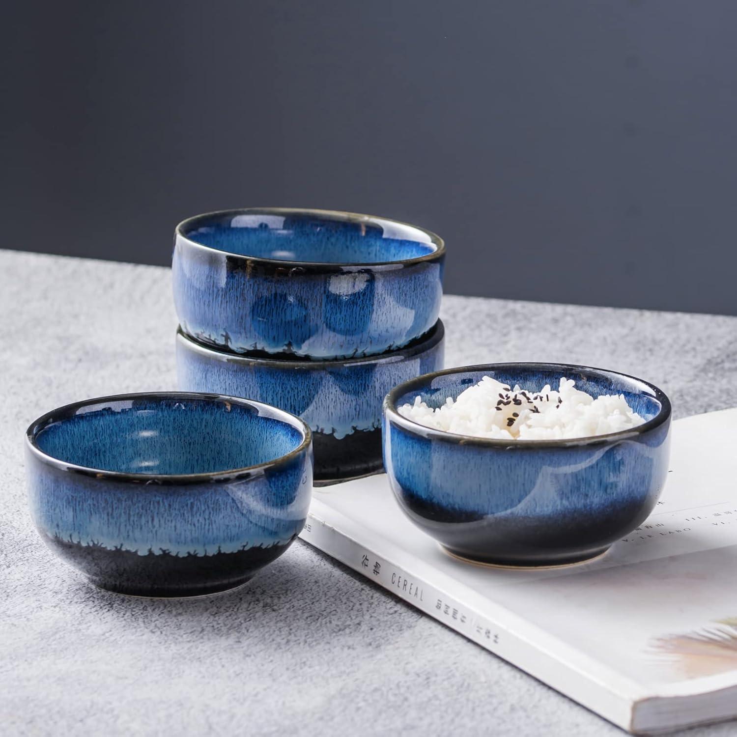 UNICASA Ceramic Dessert bowl,Set of 4,Porcelain 8 Oz Bowl Set for Rice Soup Snack Ice Cream（Blue）