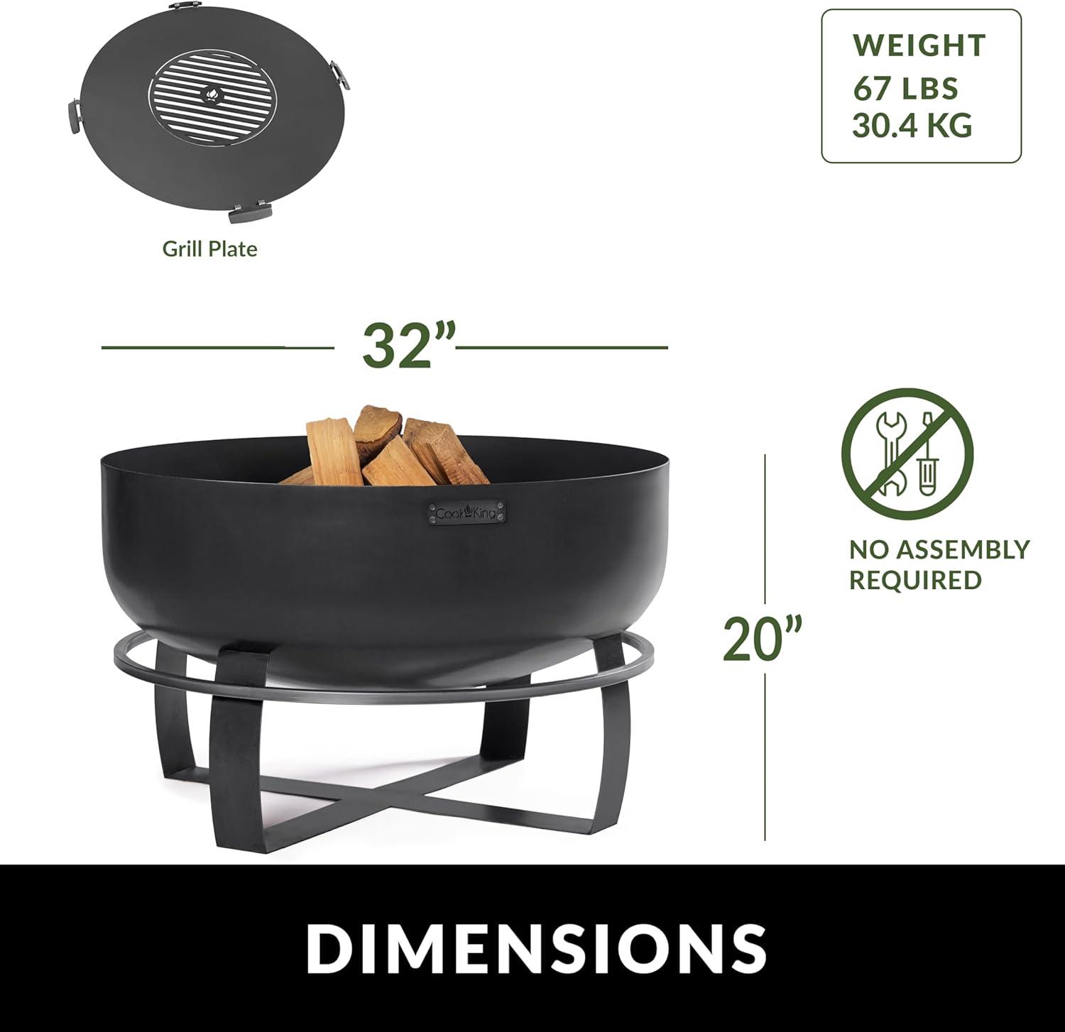 Viking 32" Black Steel Free-Standing Fire Pit with Grill Plate