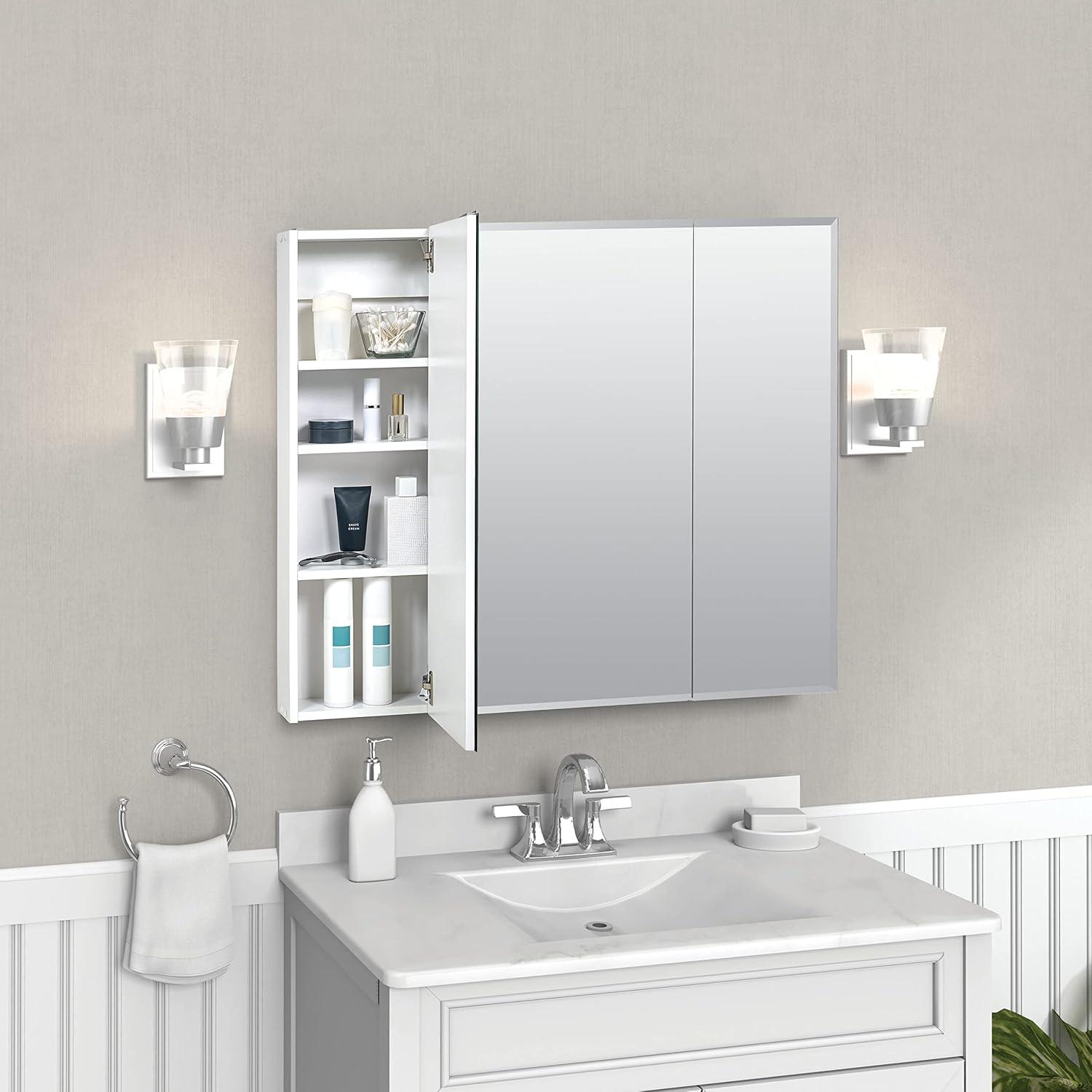 36" Silver Frameless Tri-View Medicine Cabinet with Beveled Edge