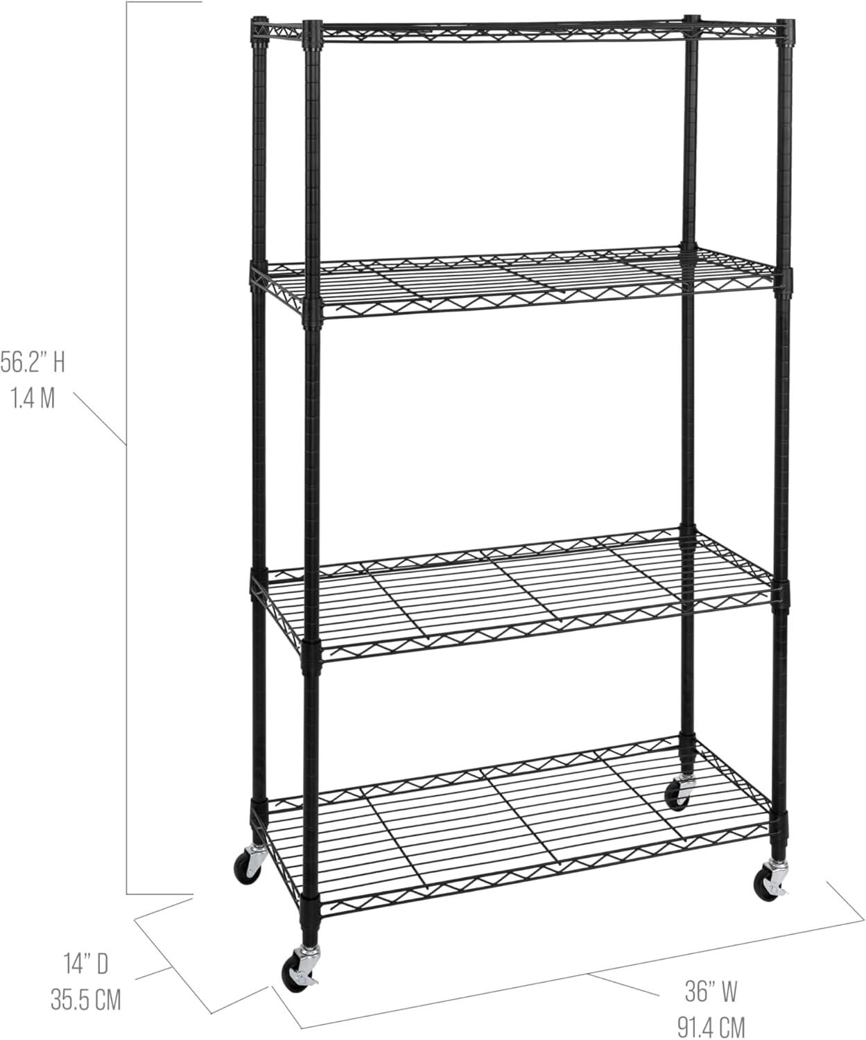 Solid Steel Wire Shelving Storage Unit Adjustable Shelves Organizer Rack, for Home, Kitchen, Office, Garage, Bedroom, Closet, Black, 4-Tier, 36" W x 14" D