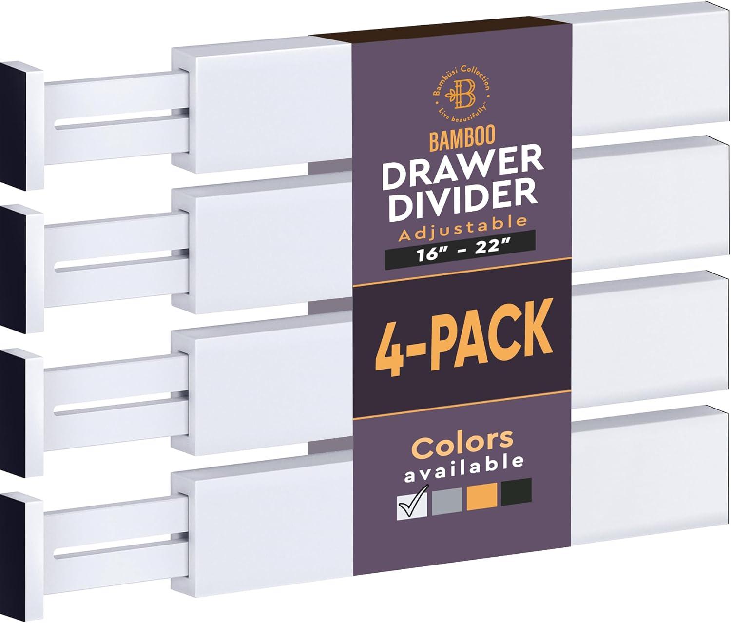 Adjustable White Bamboo Drawer Dividers 16-22" 4-Pack