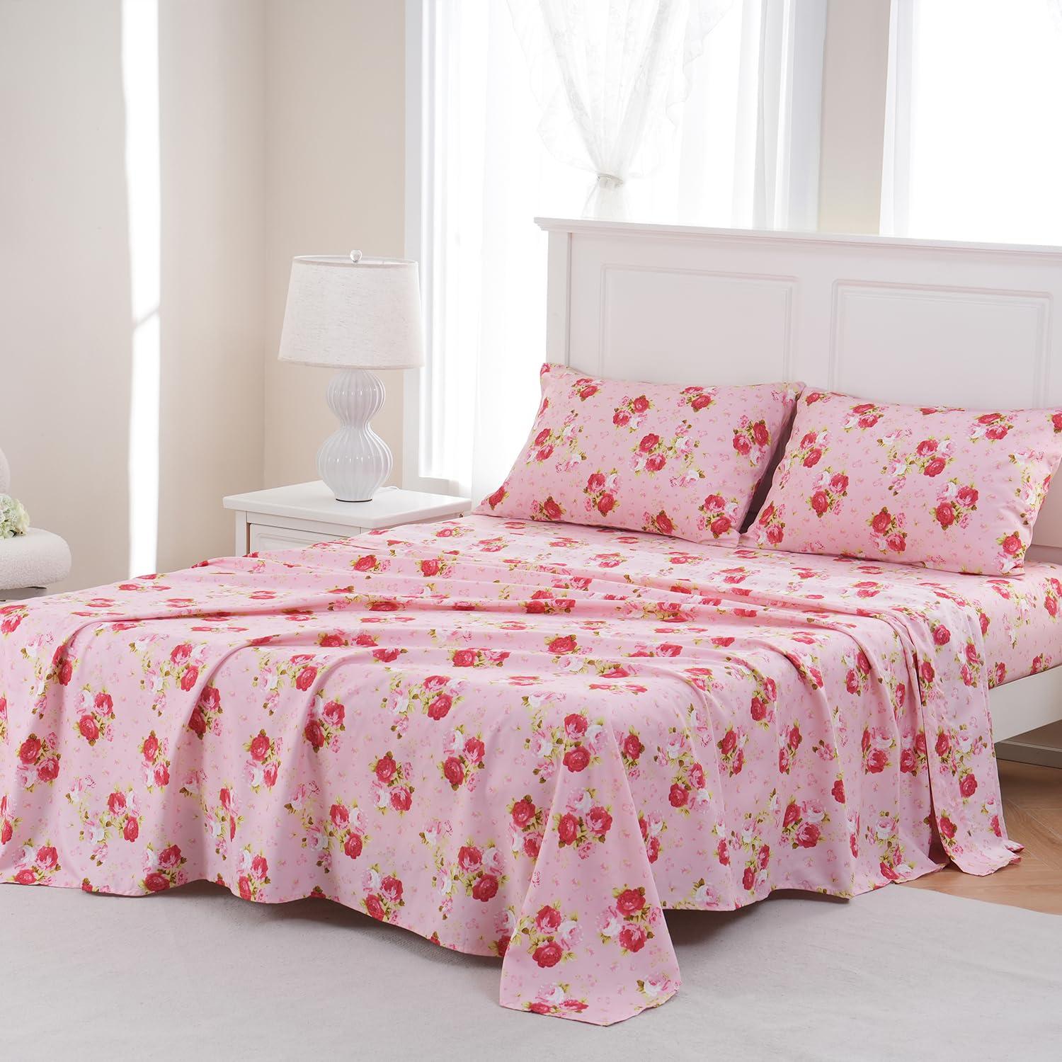 MEISHANG Twin Sheet Set - Floral Sheets Deep Pocket Ultra Soft Brushed Microfiber with Up to 16" Mattresses - Wrinkle Free - 3 Pieces(Twin,Rose Flower)