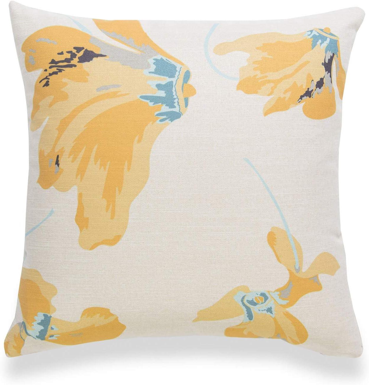 Yellow Floral Faux Linen Square Throw Pillow Cover 18"x18"