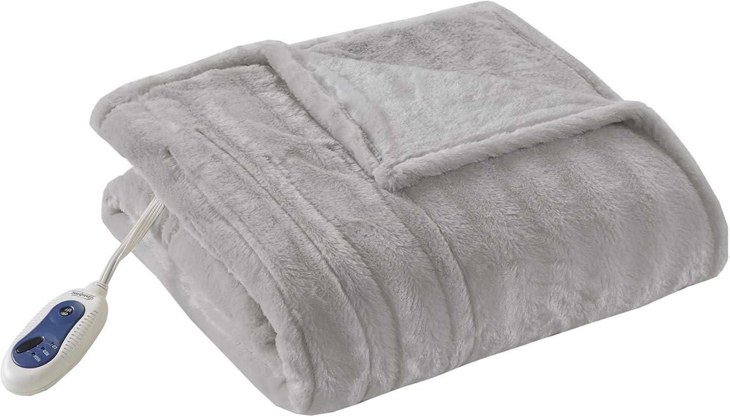 Oversized Gray Faux Fur Electric Heated Throw Blanket