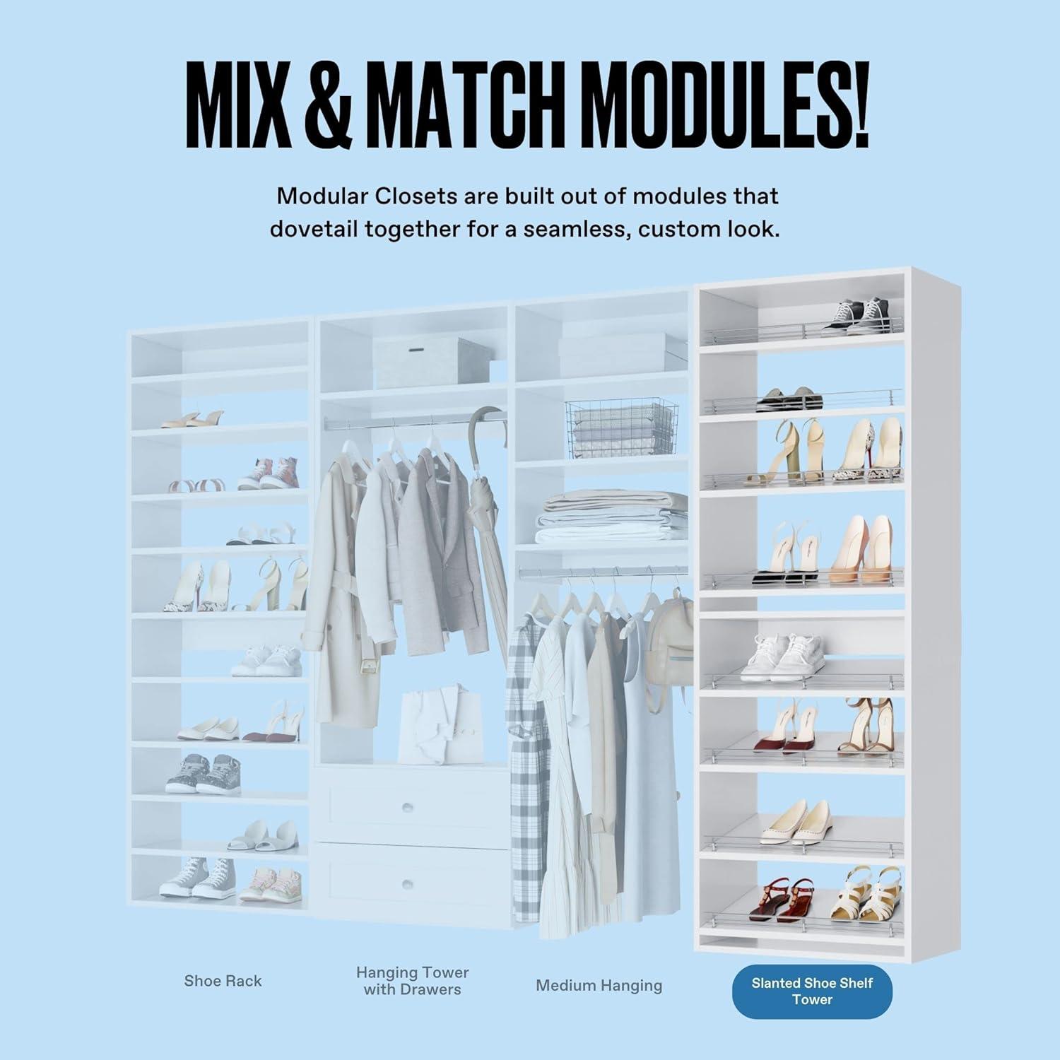 Modular Closets 8 Tiered White Slanted Shoe Shelf Closet Organizer Unit, 19.5"