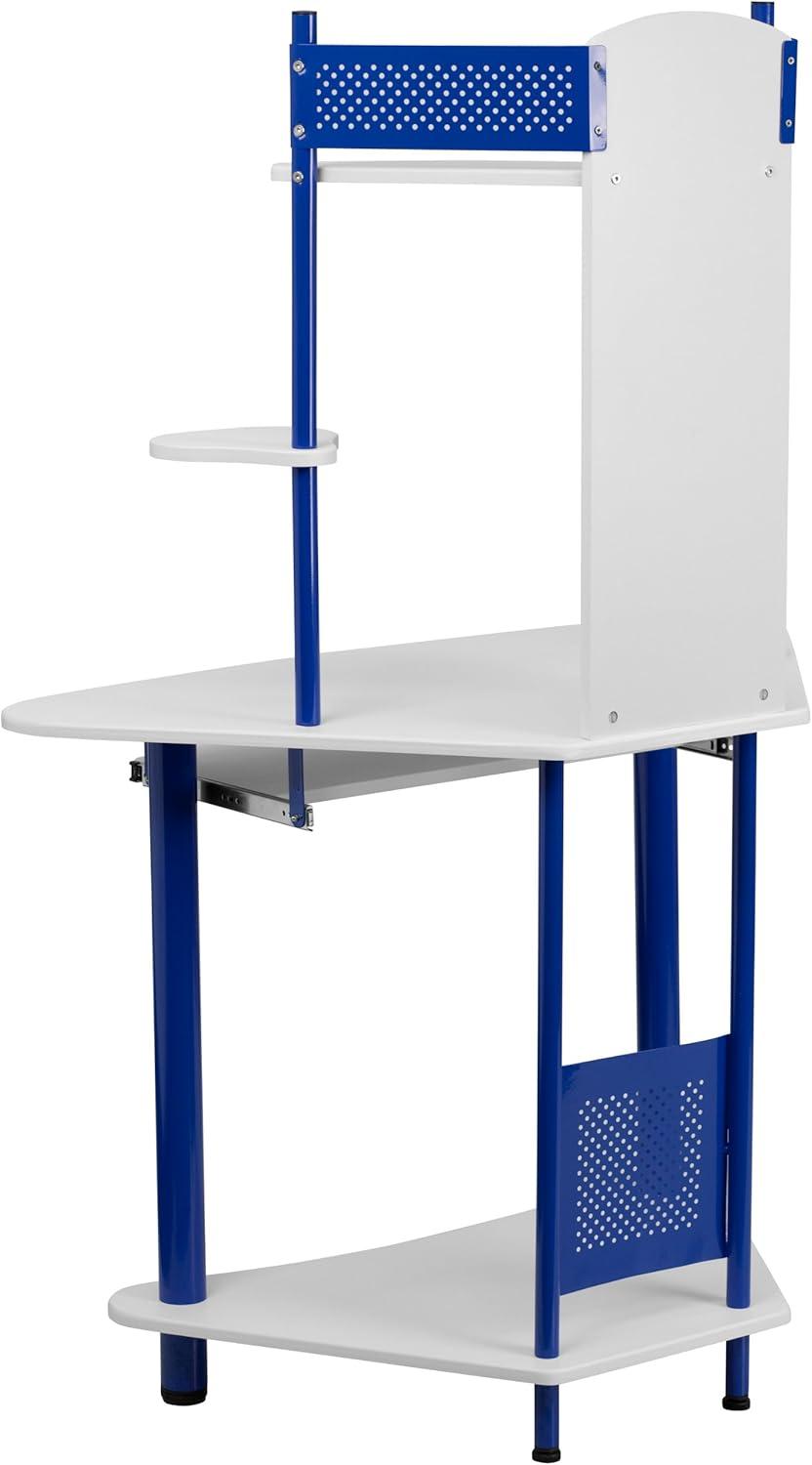 Compact Blue and White Corner Computer Desk with Integrated Hutch