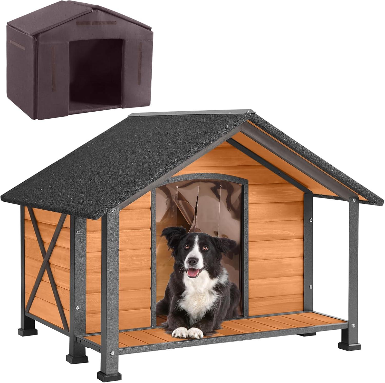 Aivituvin Anti-chewing Wooden Dog House 34.3"D Kennels for Outdoor & Indoor Large Porch Weatherproof, Brown