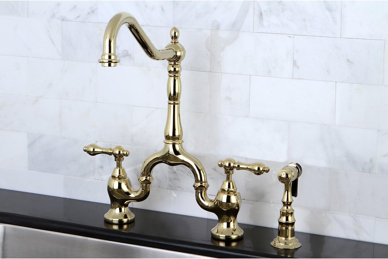 Kingston Brass English Country Two-Handle 3-Hole Deck Mount Bridge Kitchen Faucet with Brass Side Sprayer