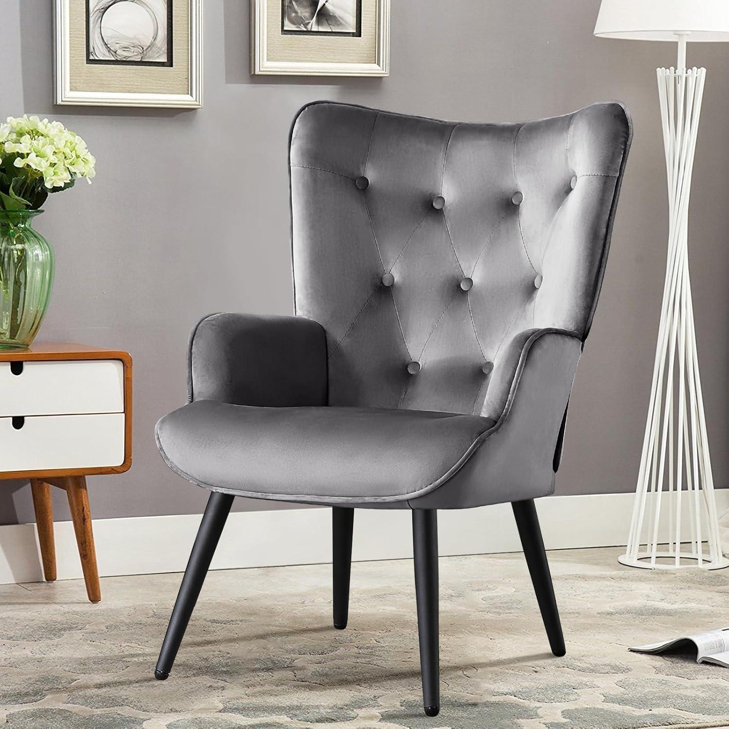 Furniliving Button-Tufted Wingback Chair Velvet Accent Chair,Grey
