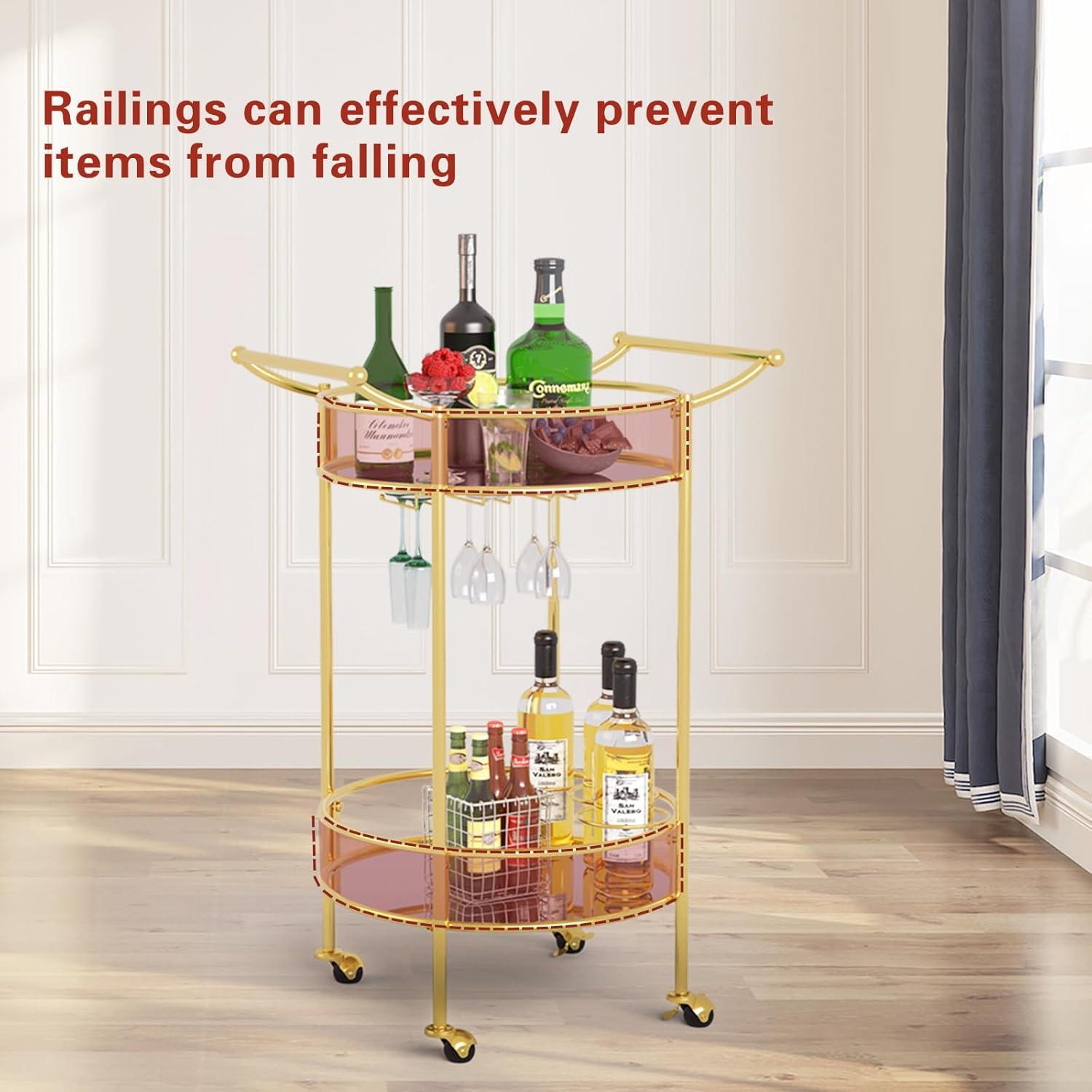 Gold Round Bar Cart with Glass Shelves and Wine Rack